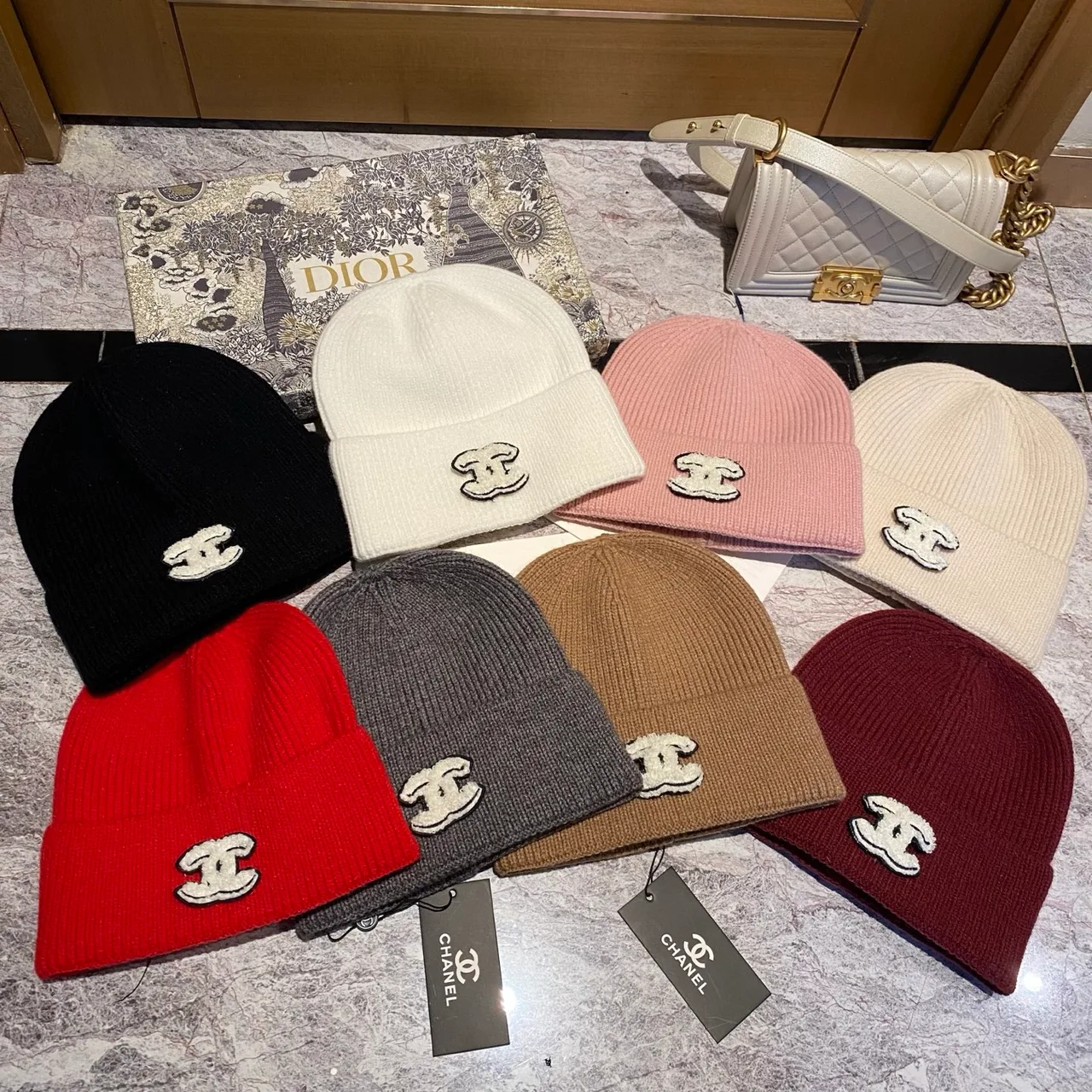 Chanel CC Knit Beanie in Black / White / Red / Burgundy / Grey / Tan / Pink · view 8