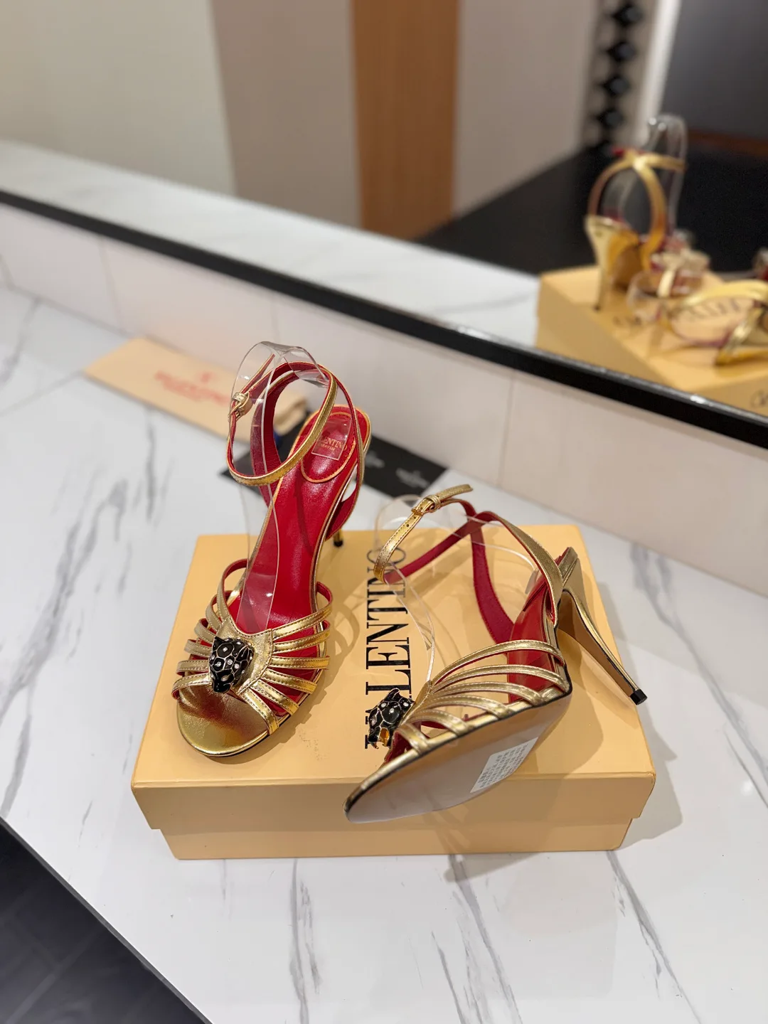 Valentino Ribbed Jewel-Bow Strap Sandals in Gold · view 5