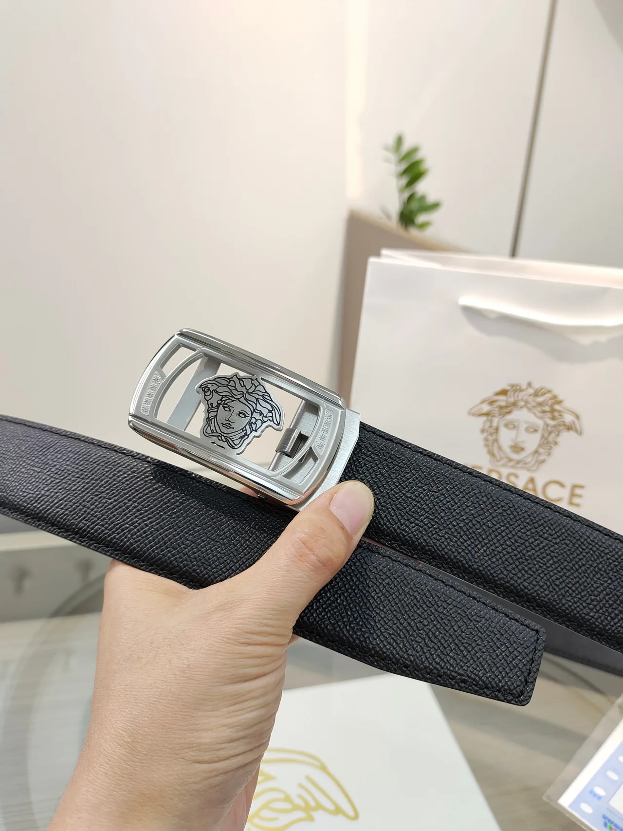 Versace Calfskin Glossy Belt in Black · view 4