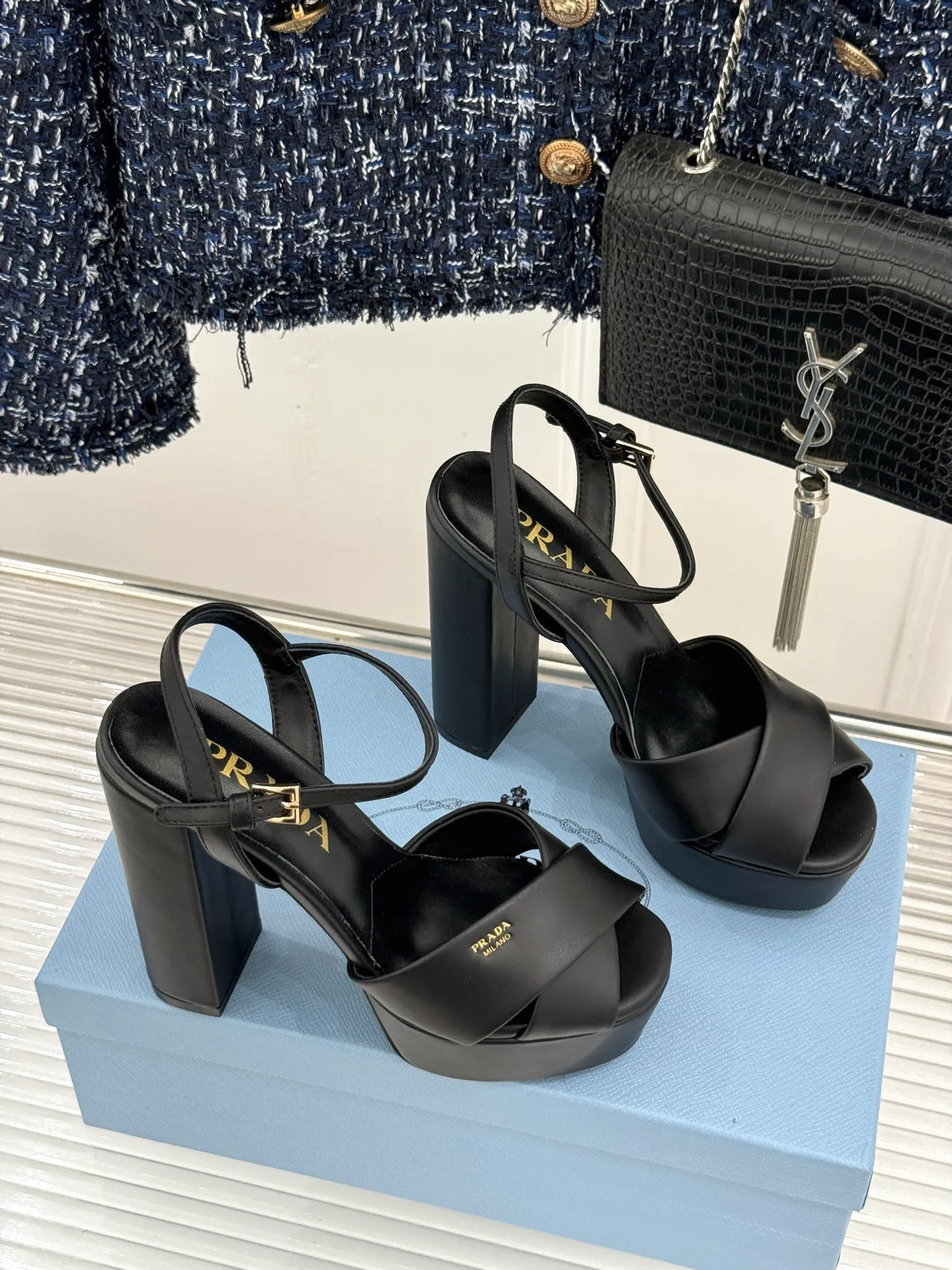 Prada Denim Sandals in Black · view 3