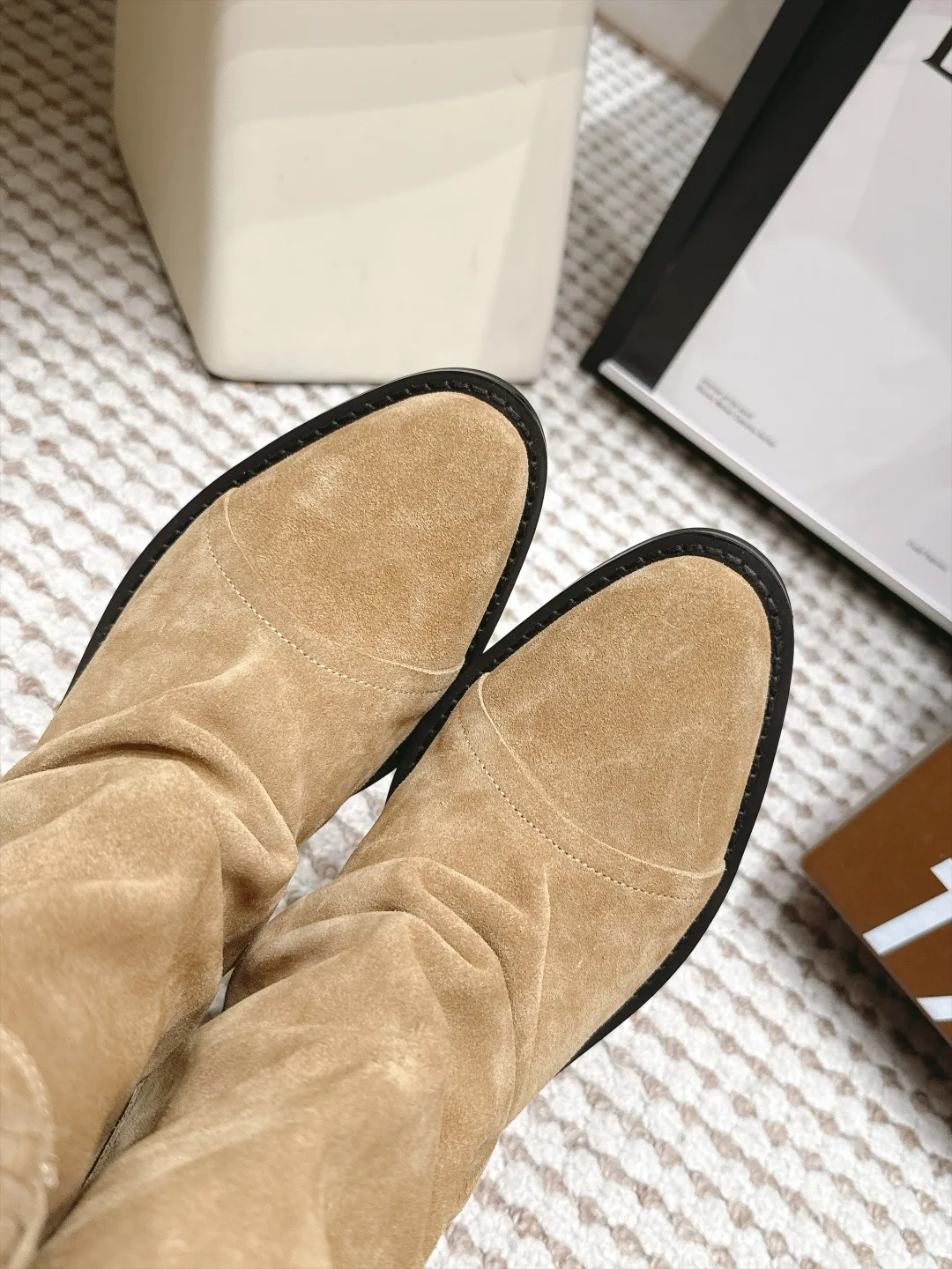 Loewe Woven Suede-Look Round-Toe Boots in Tan · view 6