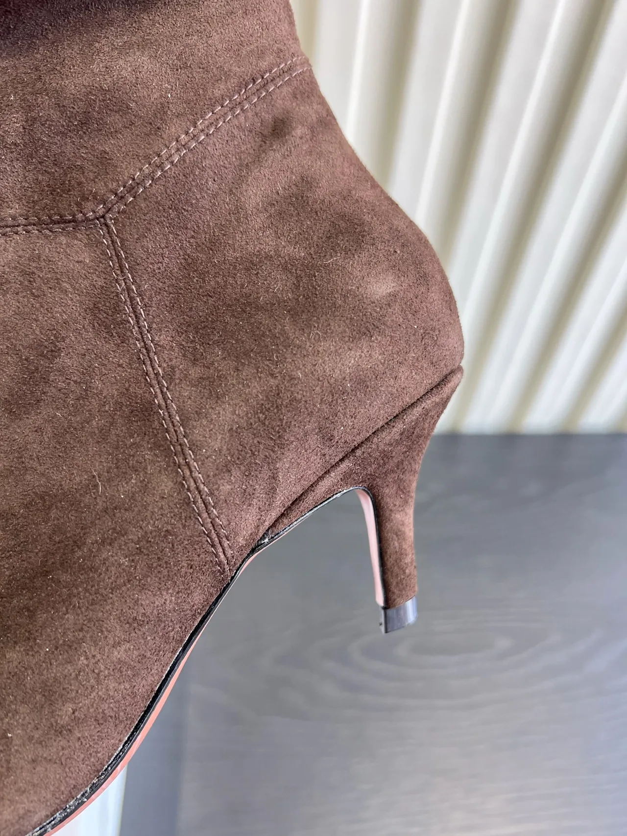 Amina Muaddi Cowhide Ribbed Suede-Look Pointed-Toe Ankle Boots in Brown · view 8