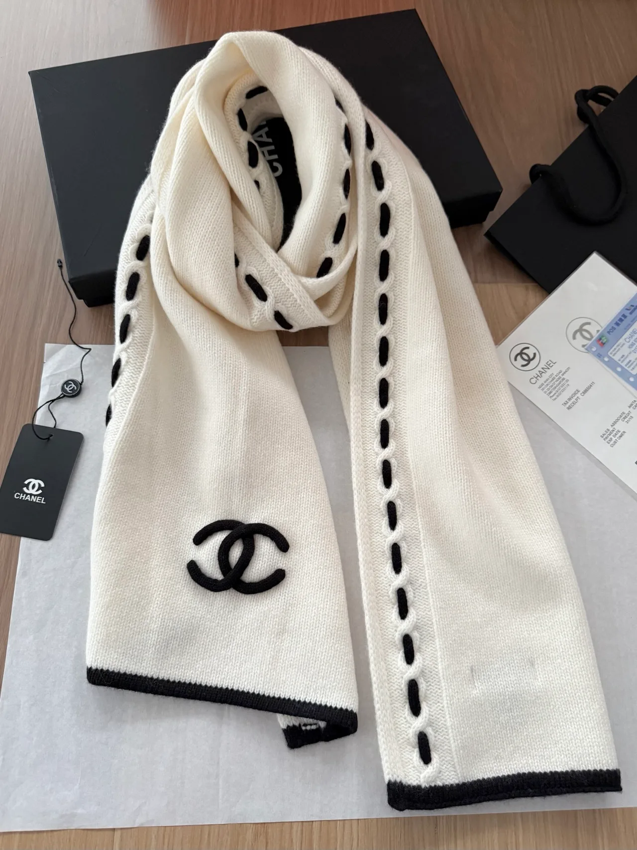 Chanel Cashmere CC Knit Scarf in Cream · view 3