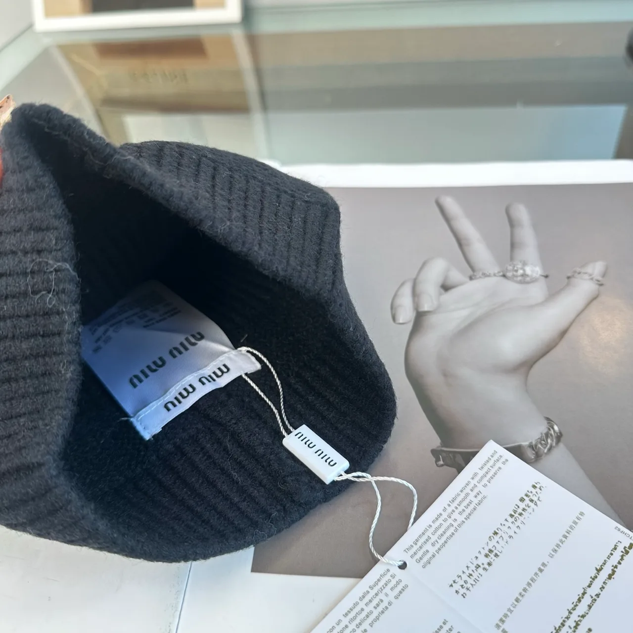 Miu Miu Logo knit beanie in Black & Grey & Burgundy & Tan & Cream · view 7