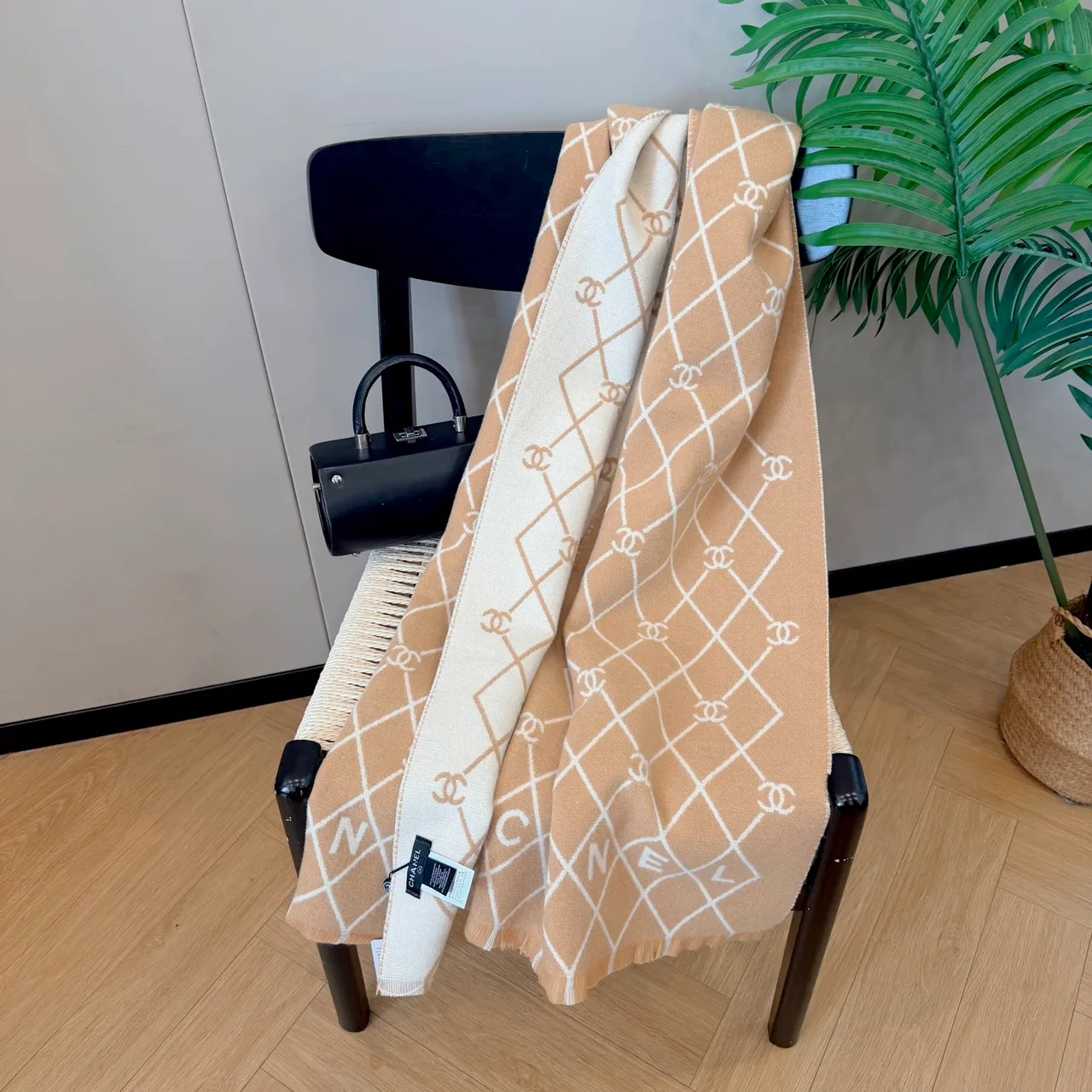 Chanel Diamond CC Fringe Scarf in Brown & Grey & Black & Beige · view 4