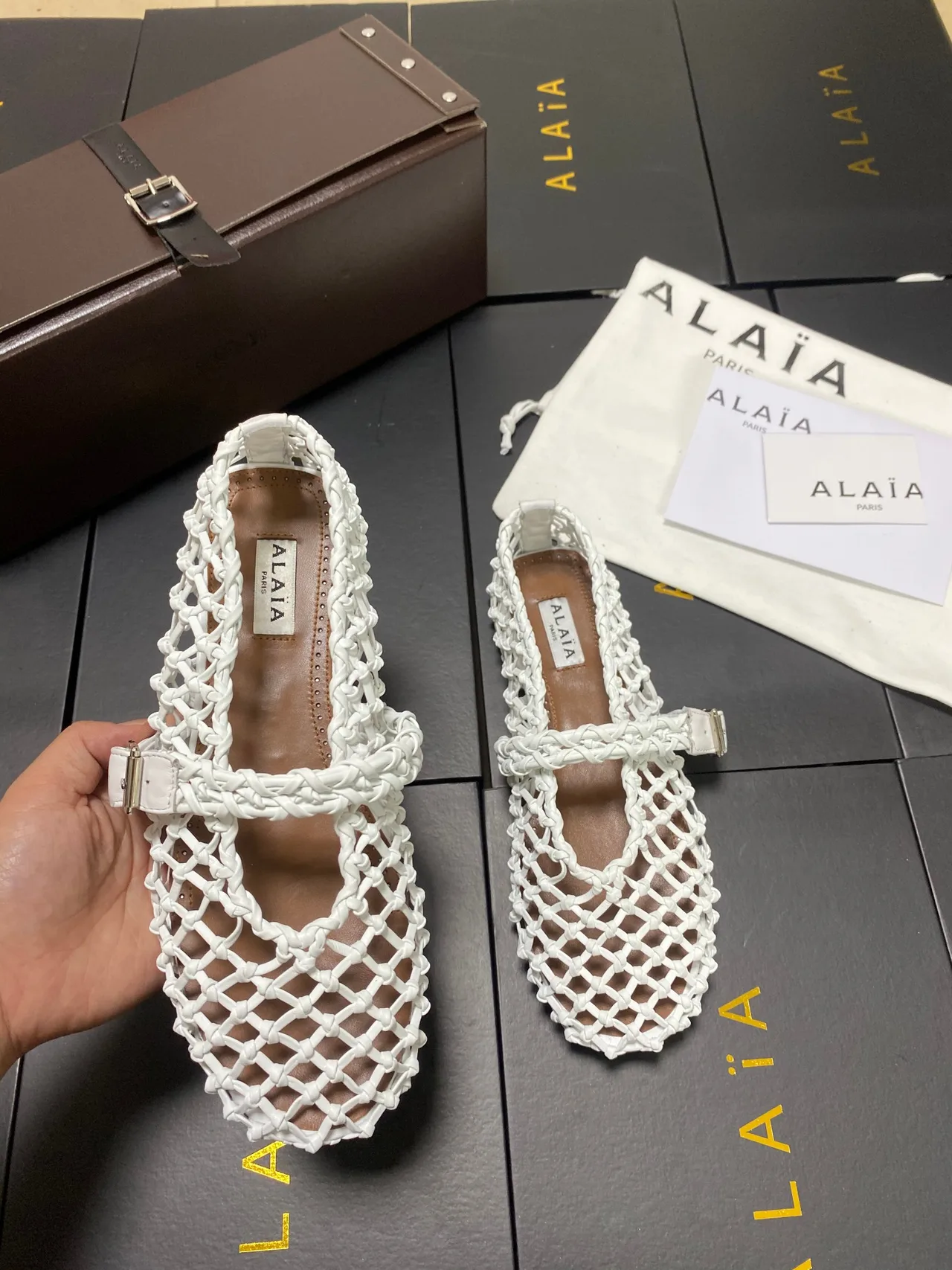 Alaia Cowhide Sheepskin Square-Toe Mesh Mary Jane Flats in White · view 7