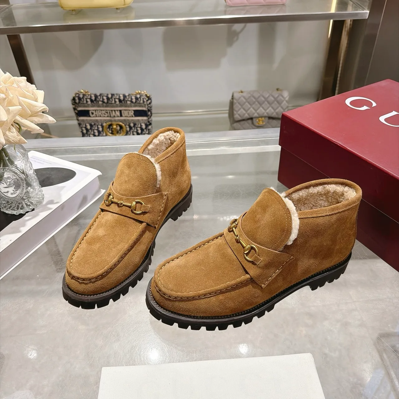 Cowhide Suede-Look Buckle Horsebit Lined Ankle Boots in Brown · view 3
