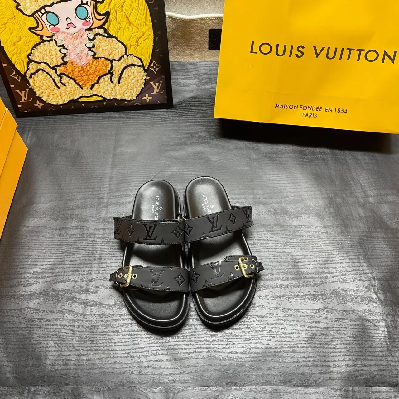 Louis Vuitton Two-Strap Buckle Slides in Black / White / Brown / Blue · view 5