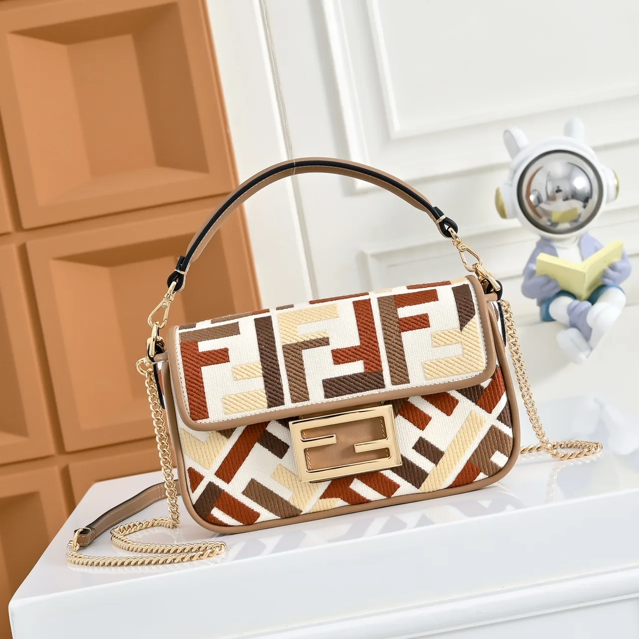 Fendi Canvas Woven FF-Pattern Flap Shoulder Bag in White · view 1