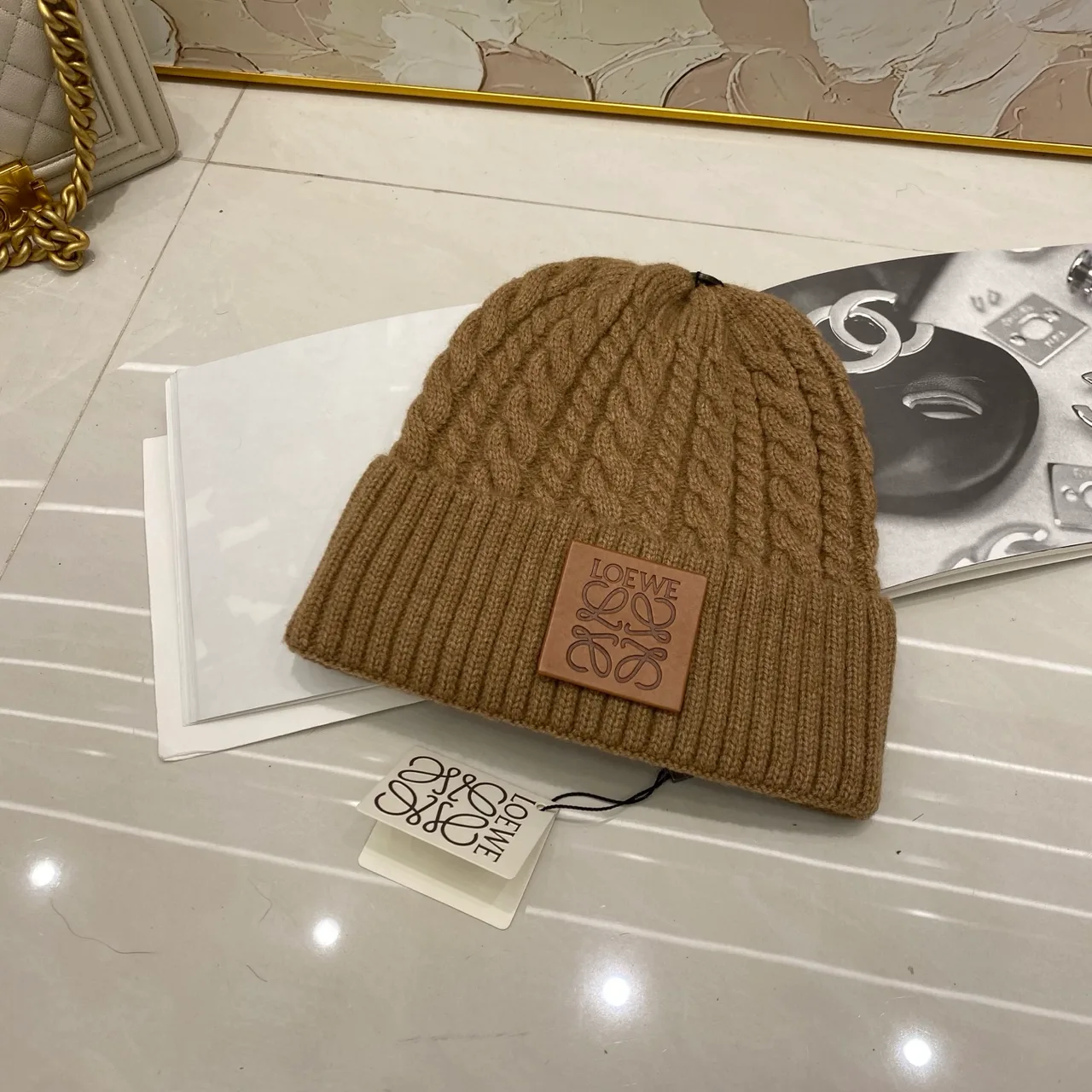 Loewe Cable knit beanie in Black & White & Cream & Brown & Grey & Burgundy · view 4