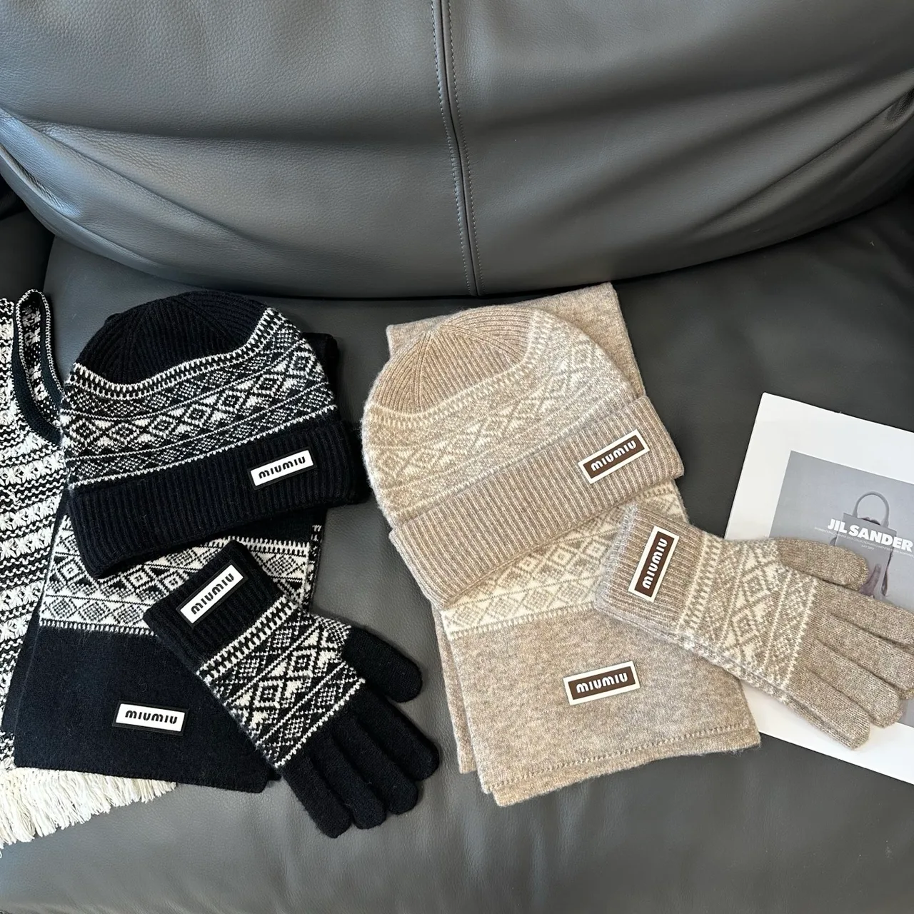 Miu Miu Hat Scarf and Gloves Set in Black & Beige & White · view 7