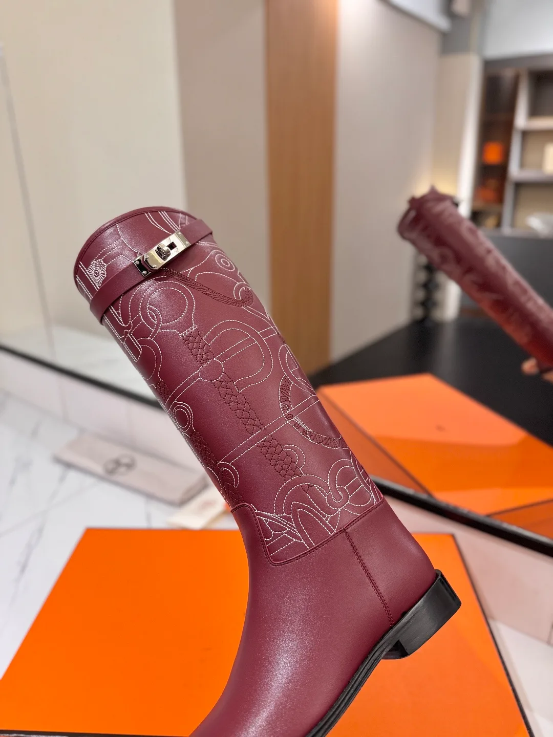 Hermes Cowhide Boots in Burgundy · view 7