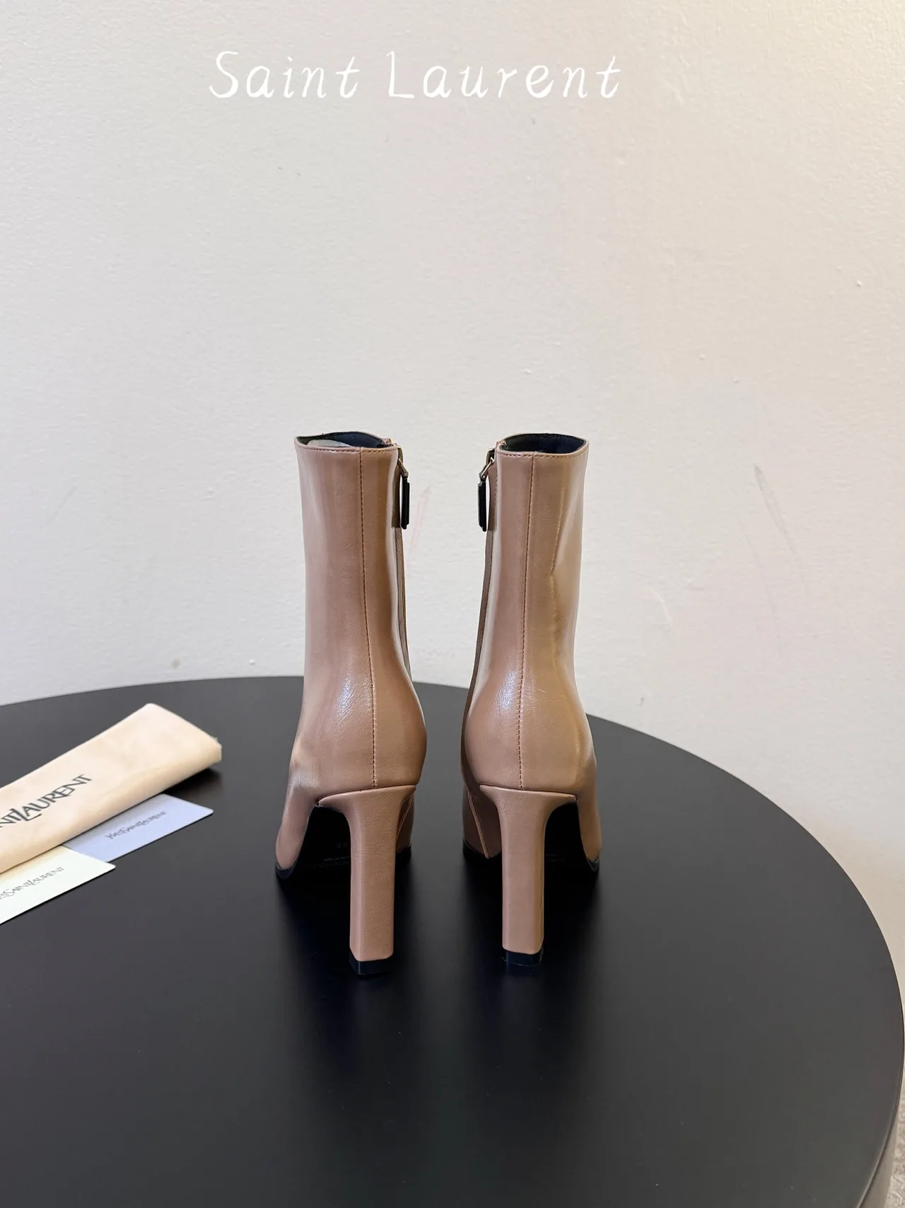 Saint Laurent Glossy Pointed-Toe Ankle Boots in Tan · view 6