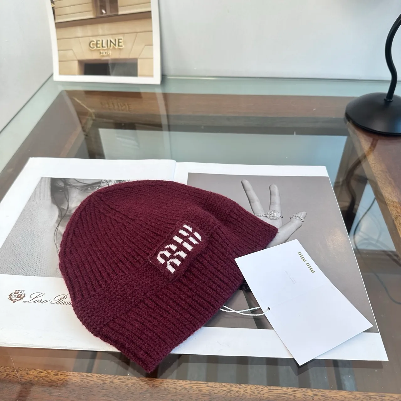 Miu Miu Beanie in Burgundy & Black & Grey & Tan & White · view 6