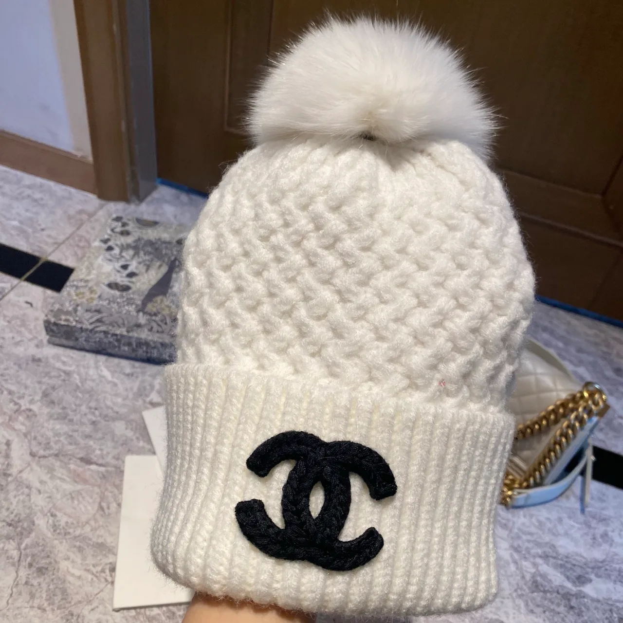 Chanel Pom Beanie in Black & White & Beige & Grey · view 7