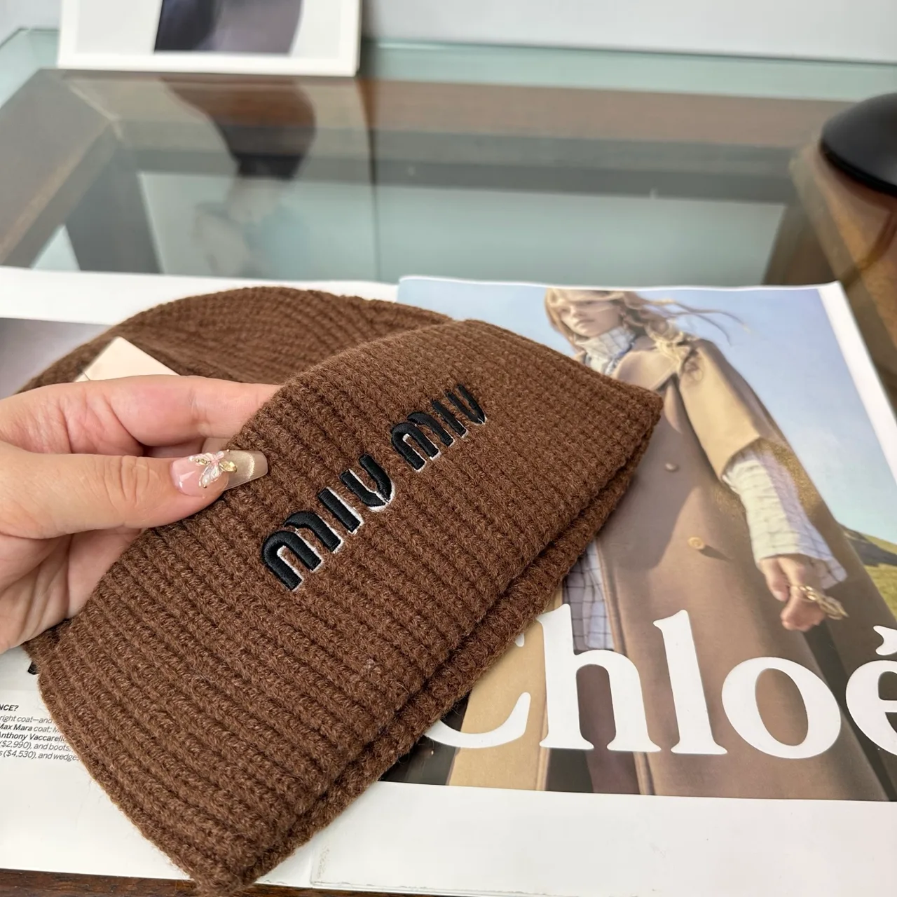 Miu Miu Logo knit beanie in Brown & Grey & Black & White & Beige · view 6