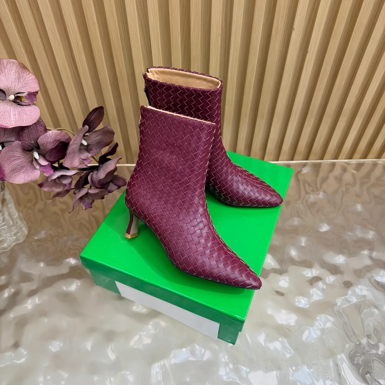 Bottega Veneta Woven Glossy Pointed-Toe Ankle Boots in Burgundy · view 2