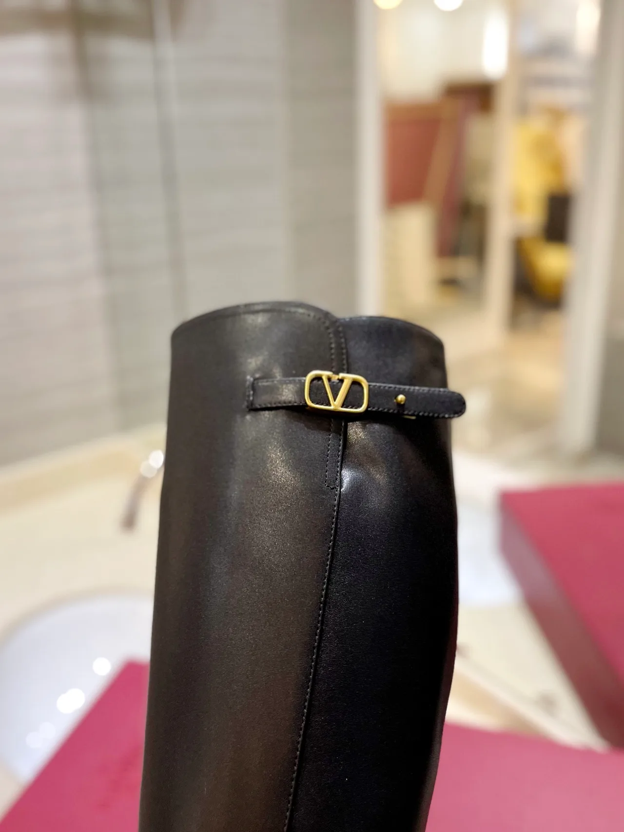 Valentino Leather Glossy Pointed-Toe Buckle Knee-High Boots in Black · view 7