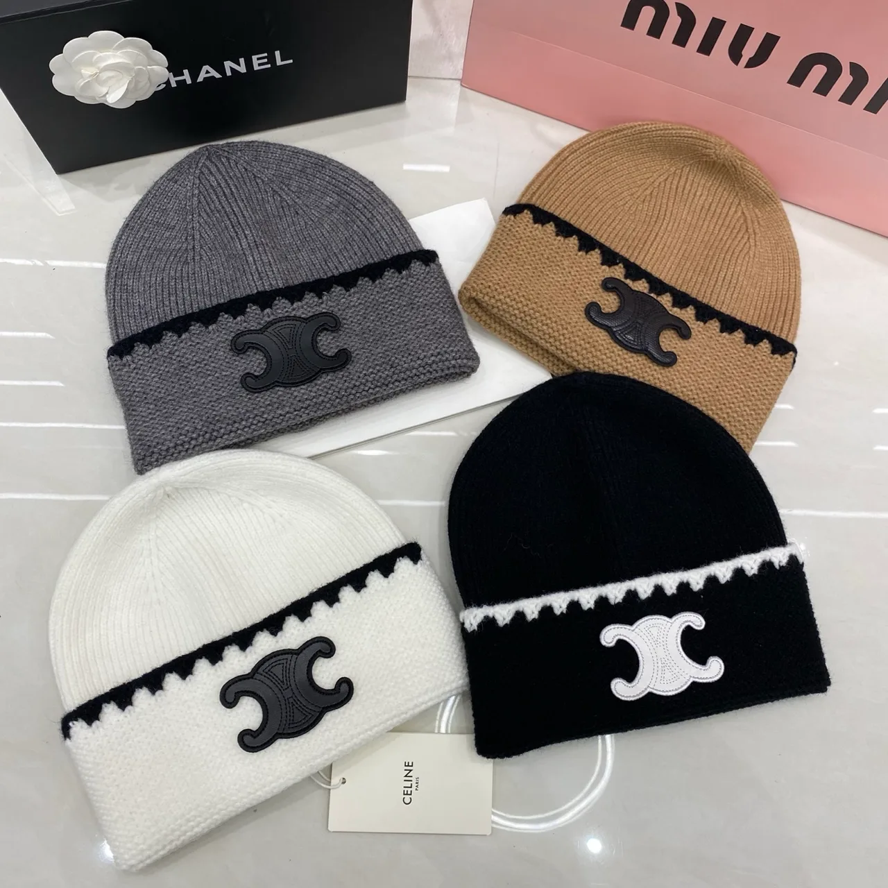 Celine Triomphe Beanie in Black & Brown & White & Grey · view 5