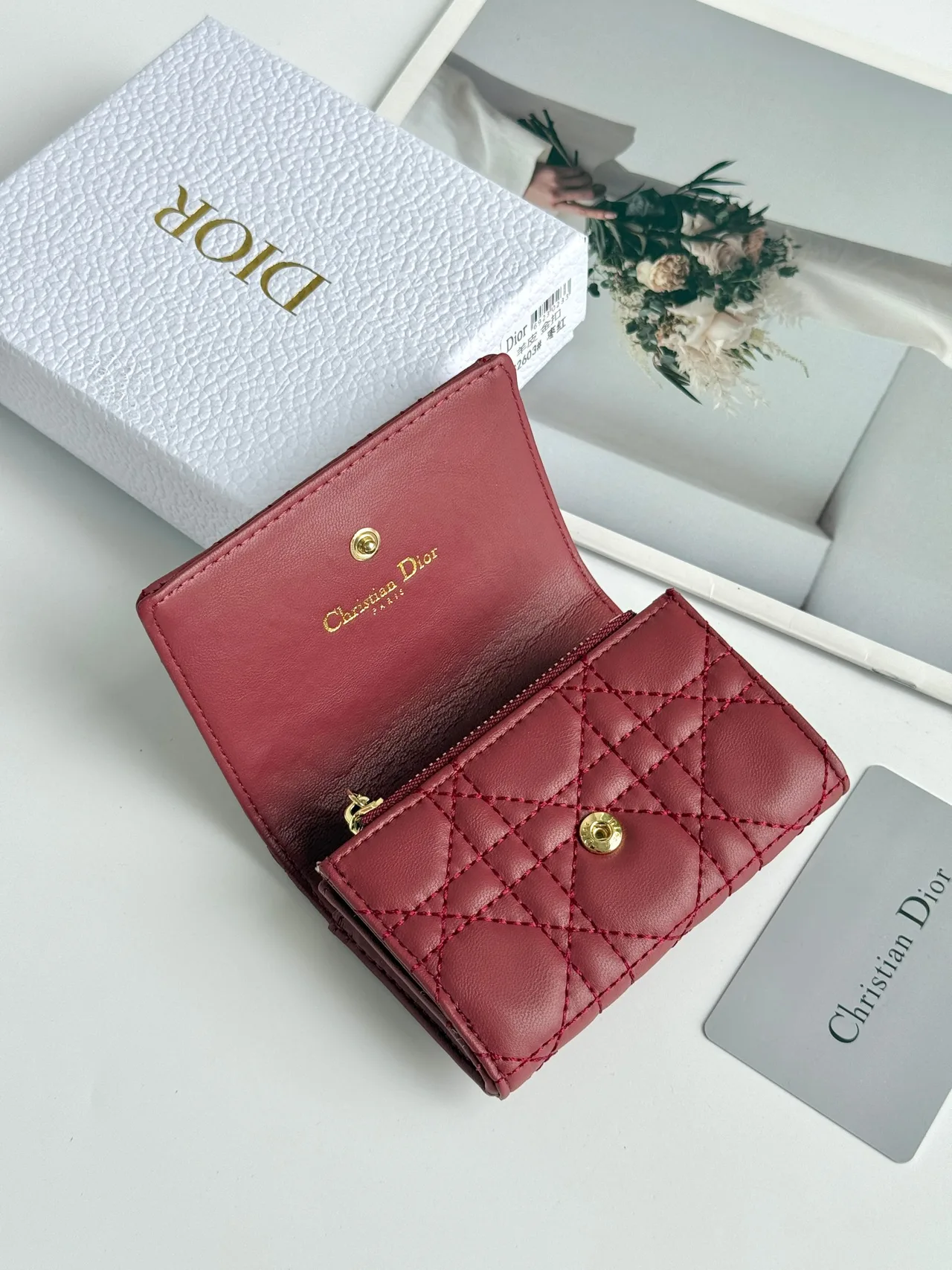 Dior Calfskin Smooth Quilted Wallet in Burgundy · view 3