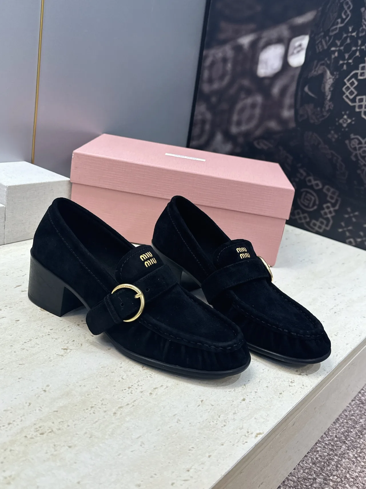 Miu Miu Cowhide Sheepskin Buckle Suede Heeled Loafers in Black · view 1