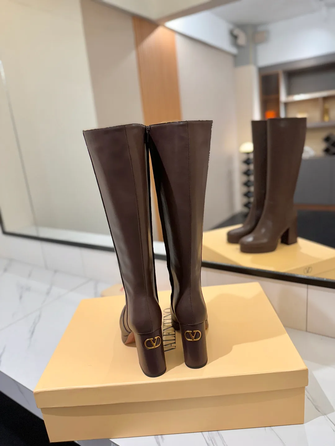 Valentino Cowhide Glossy Round-Toe Knee-High Boots in Brown · view 5