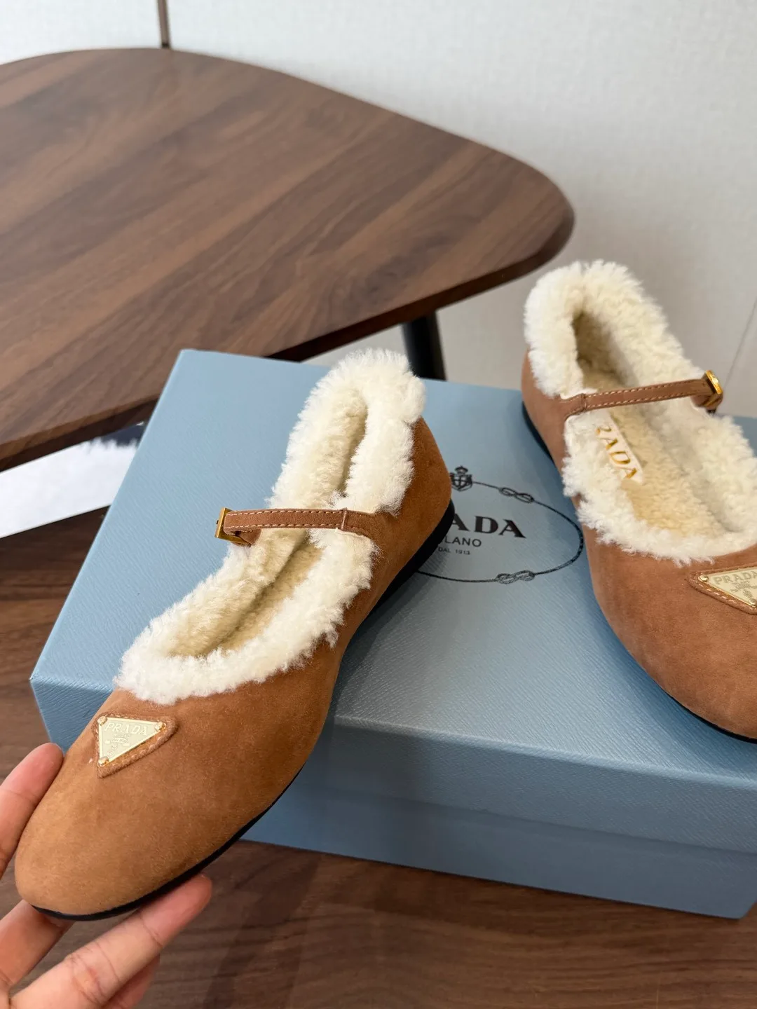Prada Suede-Look Slippers in Tan · view 5