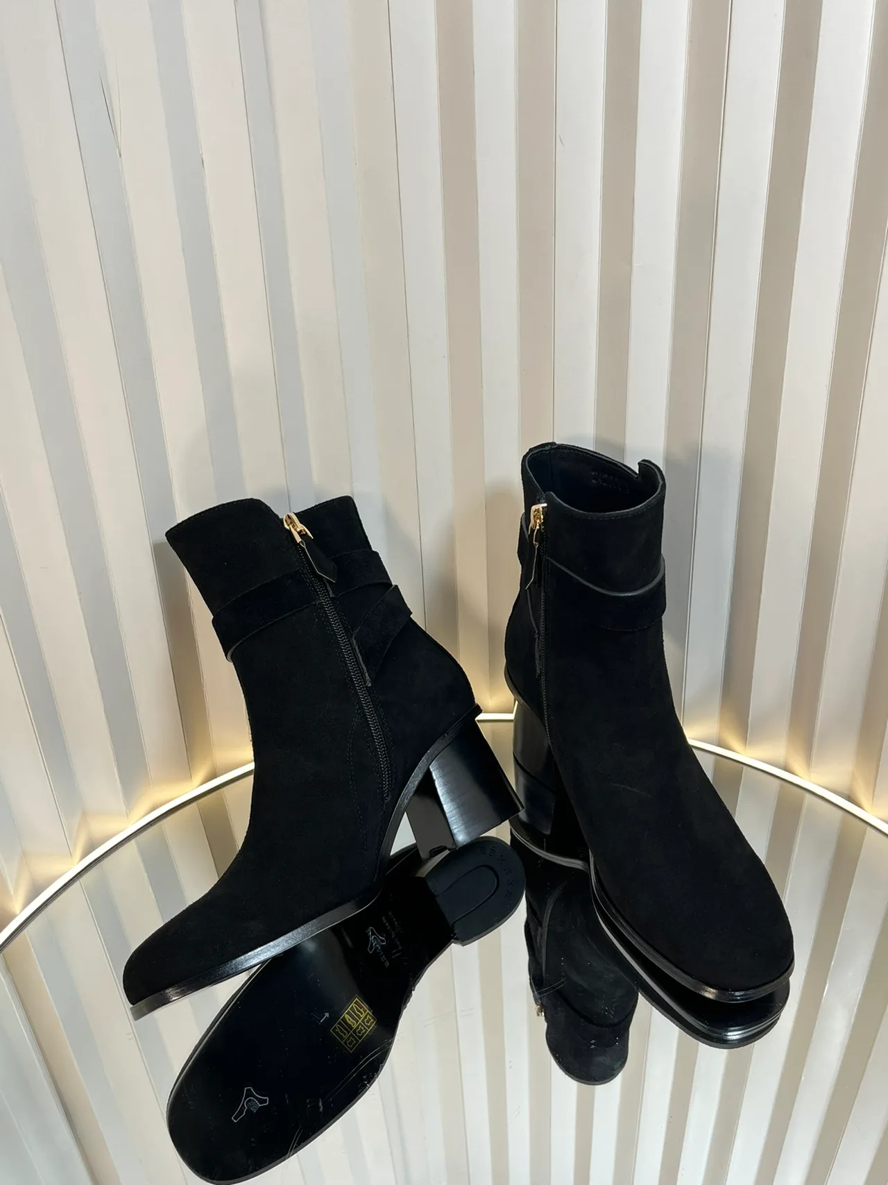 Calfskin D-Buckle Suede-Look Ankle Boots in Black · view 5