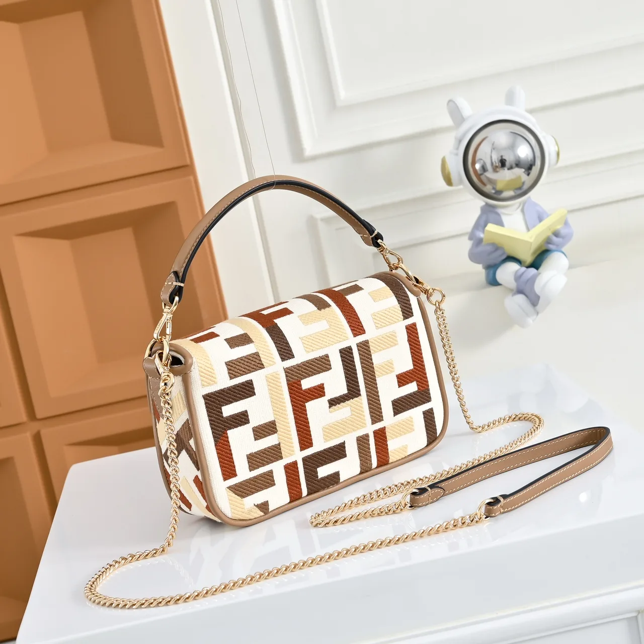 Fendi Canvas Woven FF-Pattern Flap Shoulder Bag in White · view 2