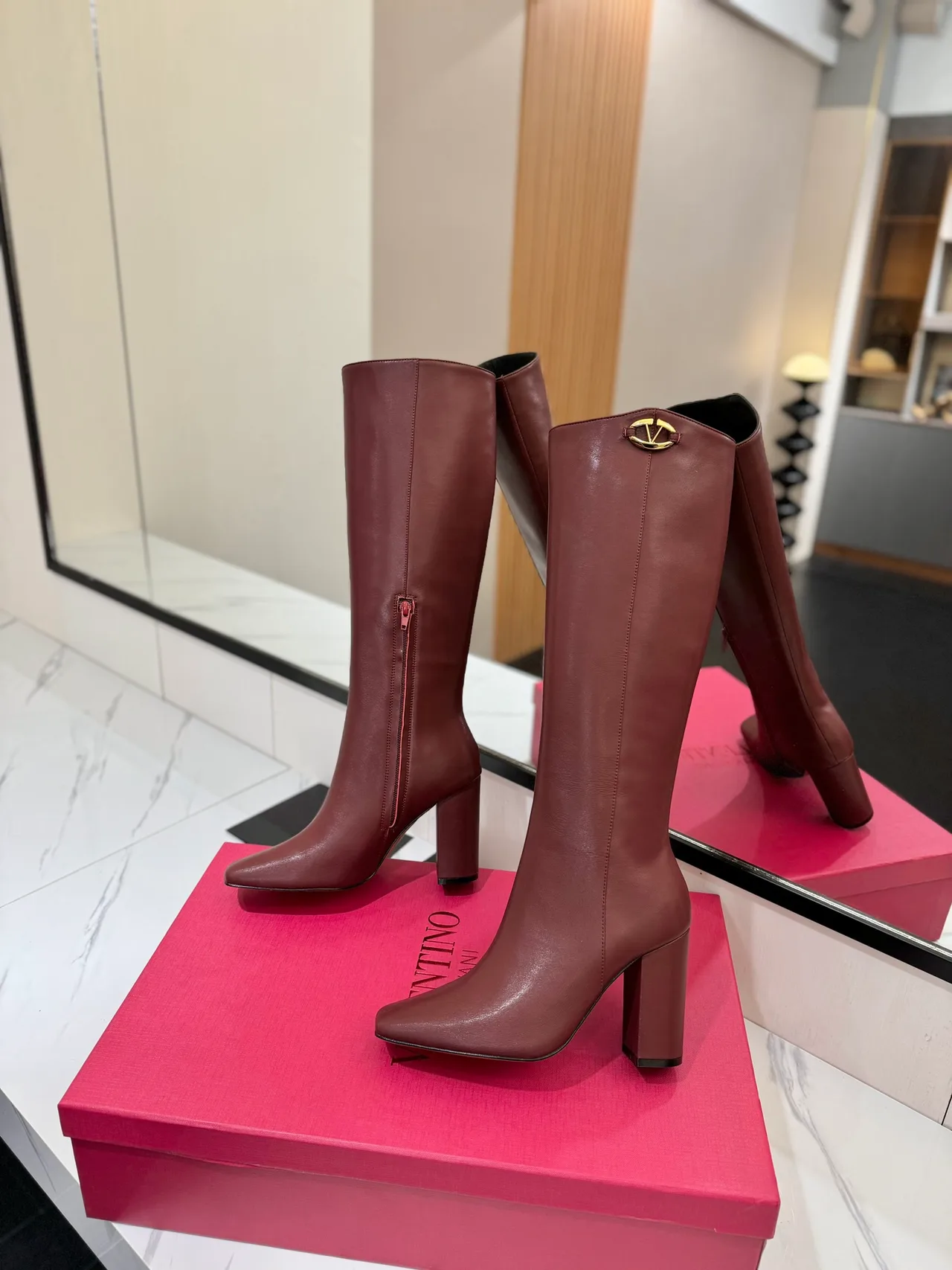 Valentino Cowhide Glossy Square-Toe Knee-High Boots in Burgundy · view 4