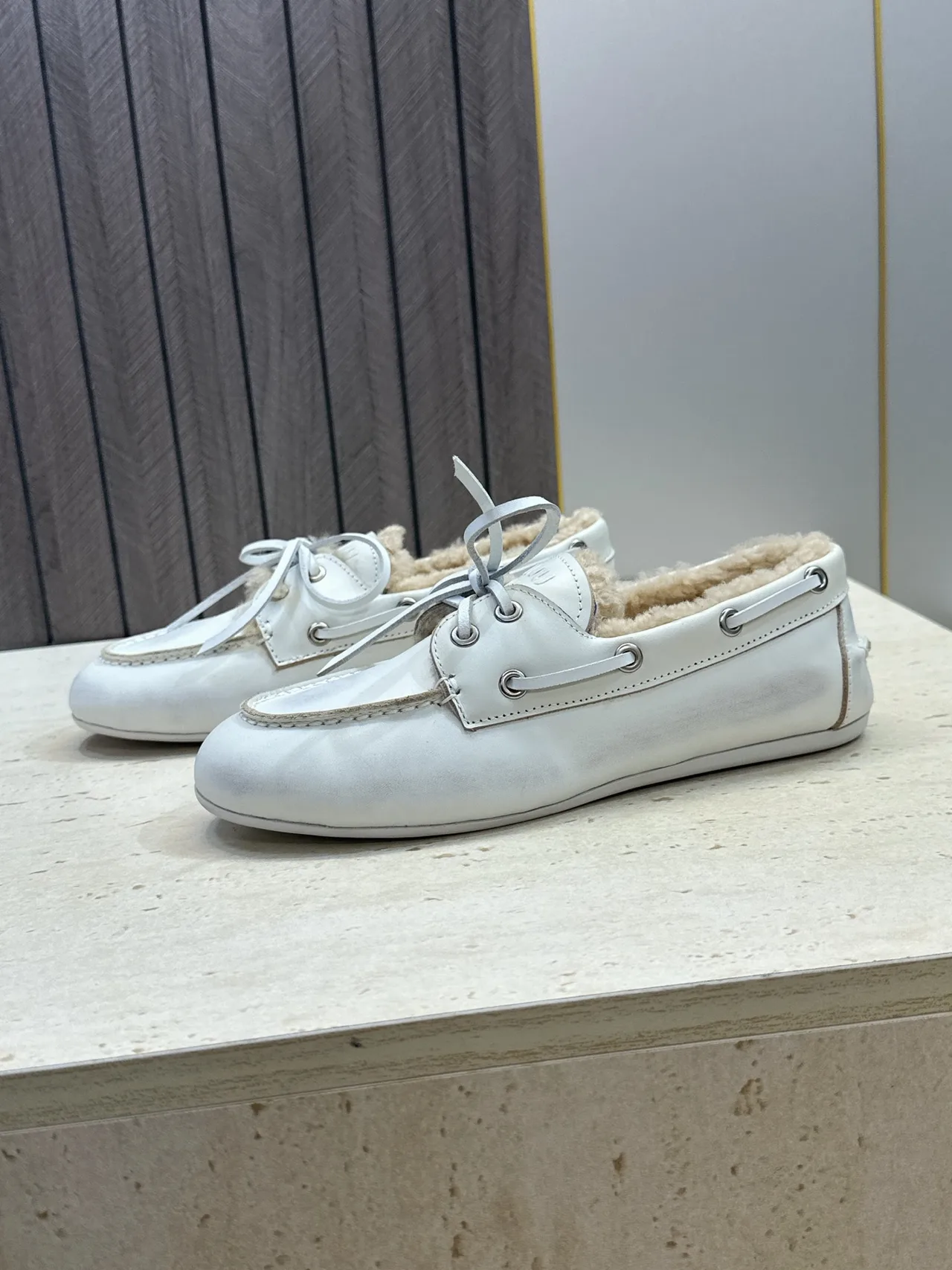 Miu Miu Calfskin Boat Shoes in White · view 5