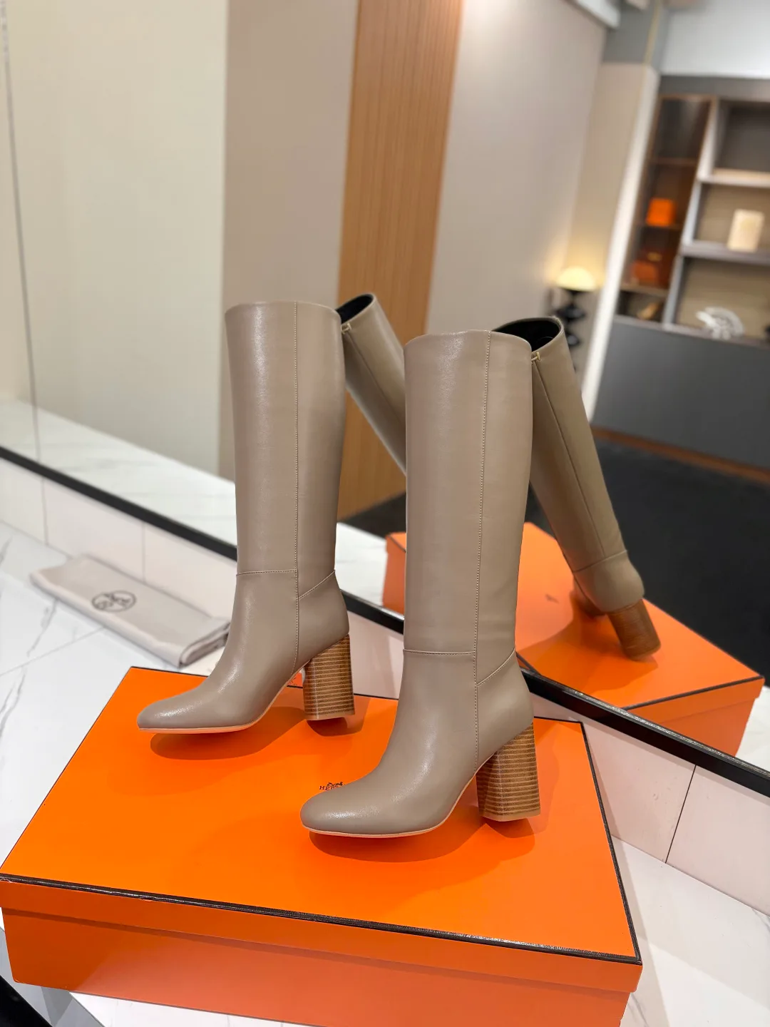 Hermes Cowhide Knee-High Boots in Grey · view 5
