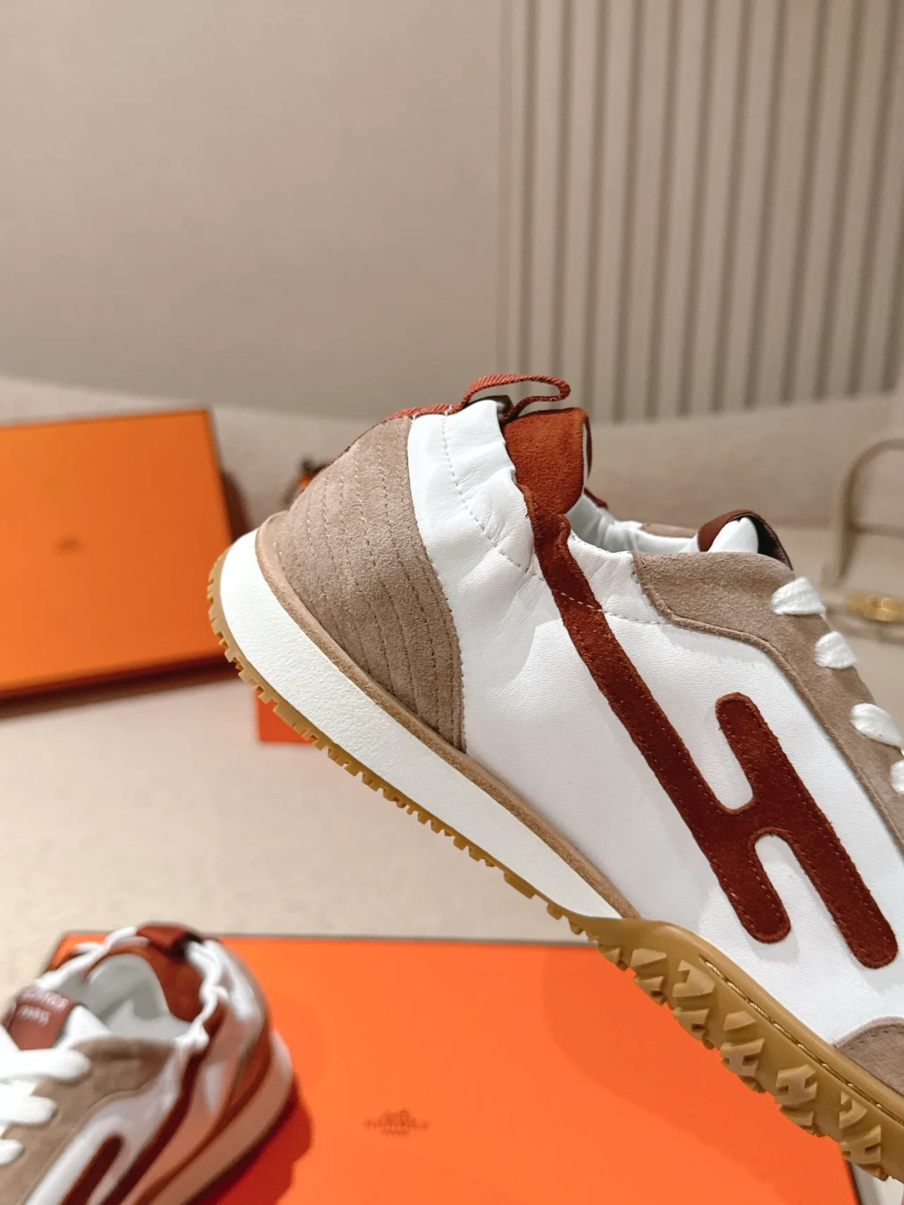 Hermes Sheepskin Suede Round-Toe Sneakers in White · view 8
