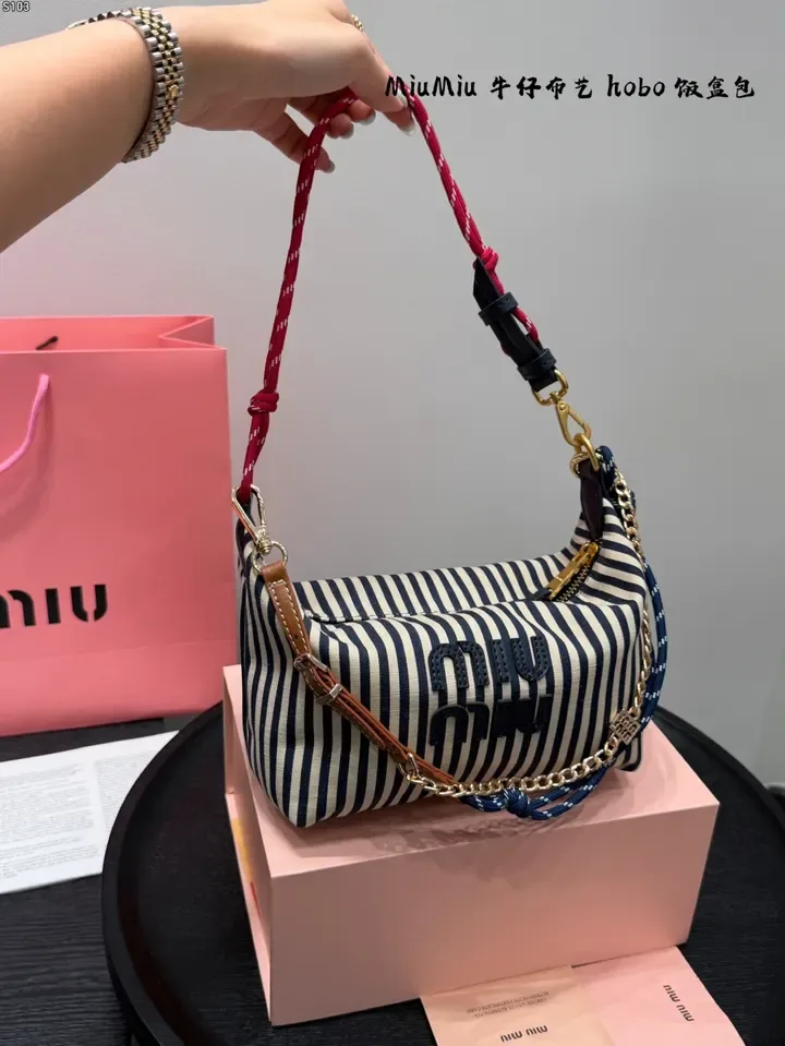 Miu Miu Canvas Striped Hobo Shoulder Bag in Blue · view 1