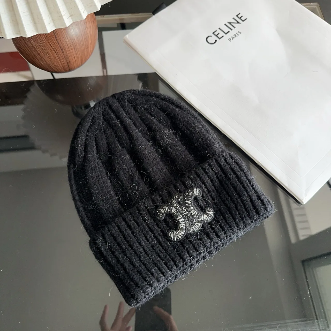Celine Ribbed Beanie in Black · view 5