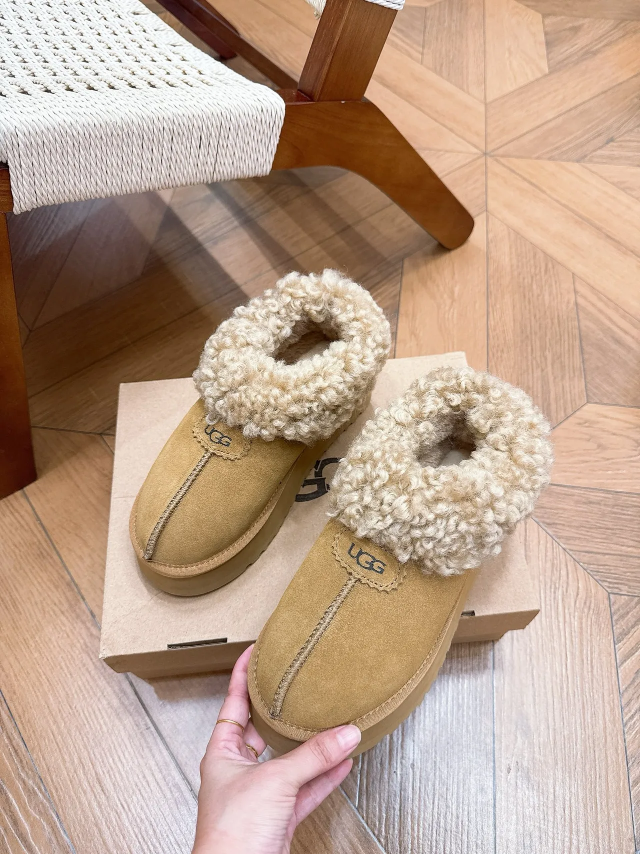 UGG Cowhide Wool Round-Toe Slippers in Brown · view 6