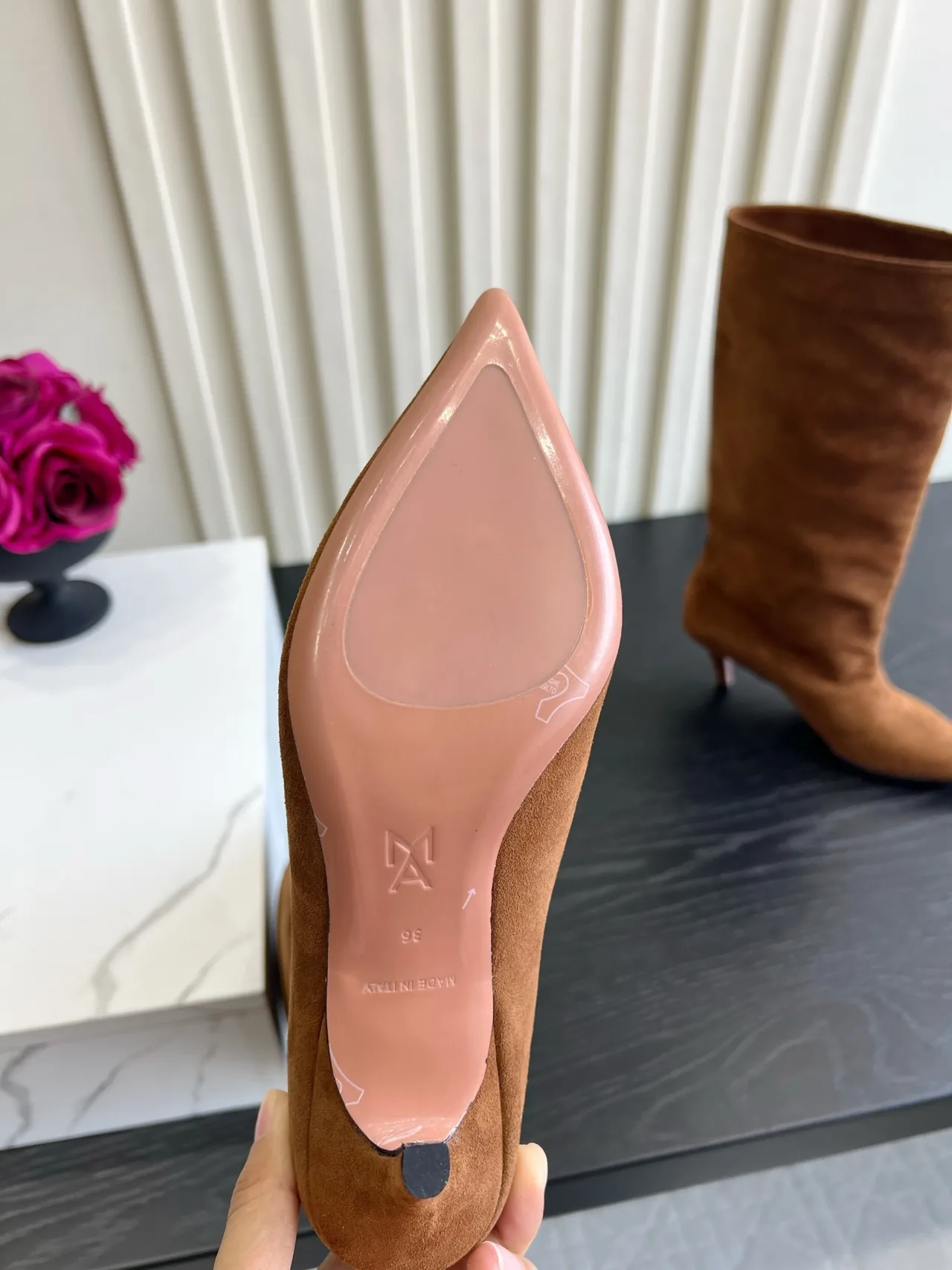 Amina Muaddi Cowhide Knee-High Boots in Tan · view 5