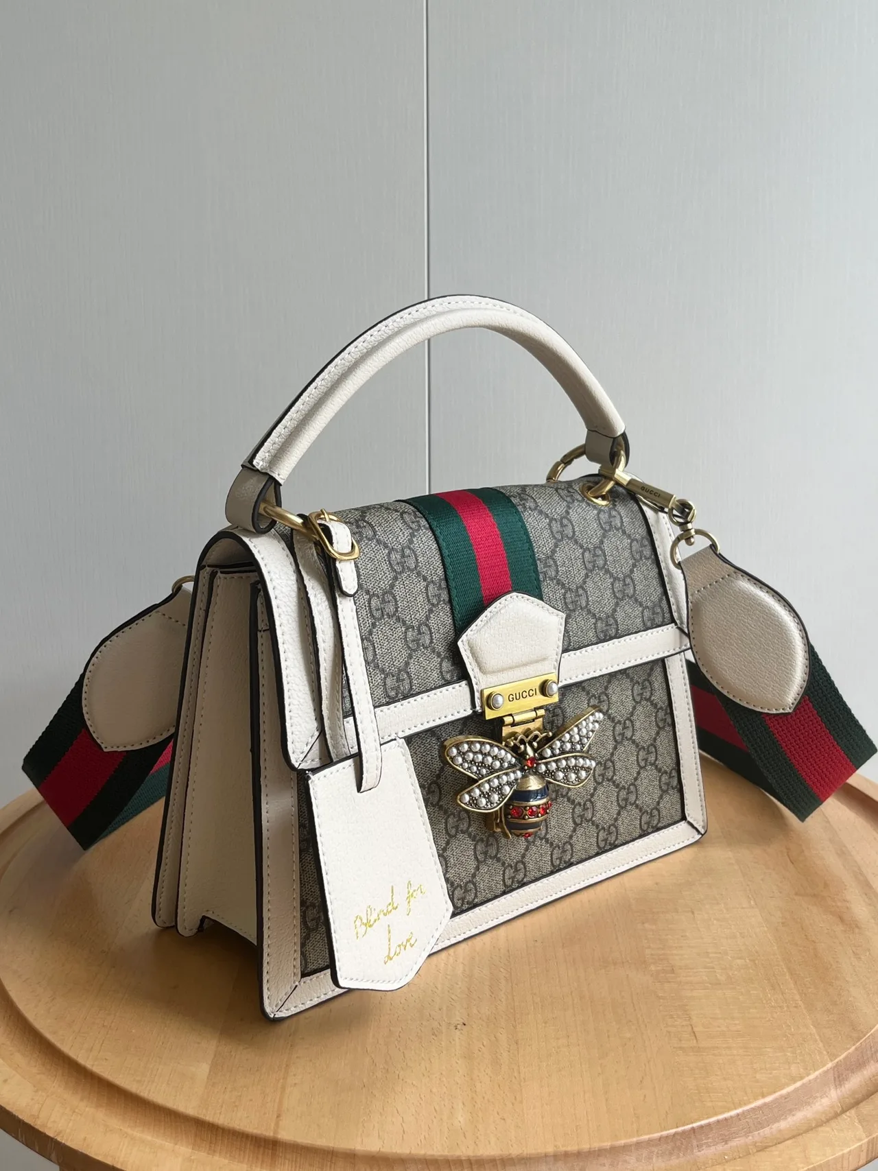 Gucci Striped Top-Handle Bag in Beige · view 2