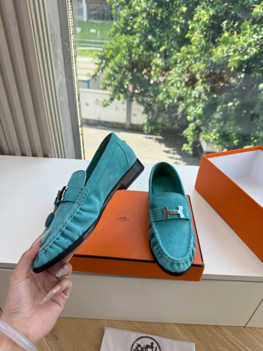 Hermes Calfskin Matte Suede-Look Round-Toe Loafers in Green · view 5