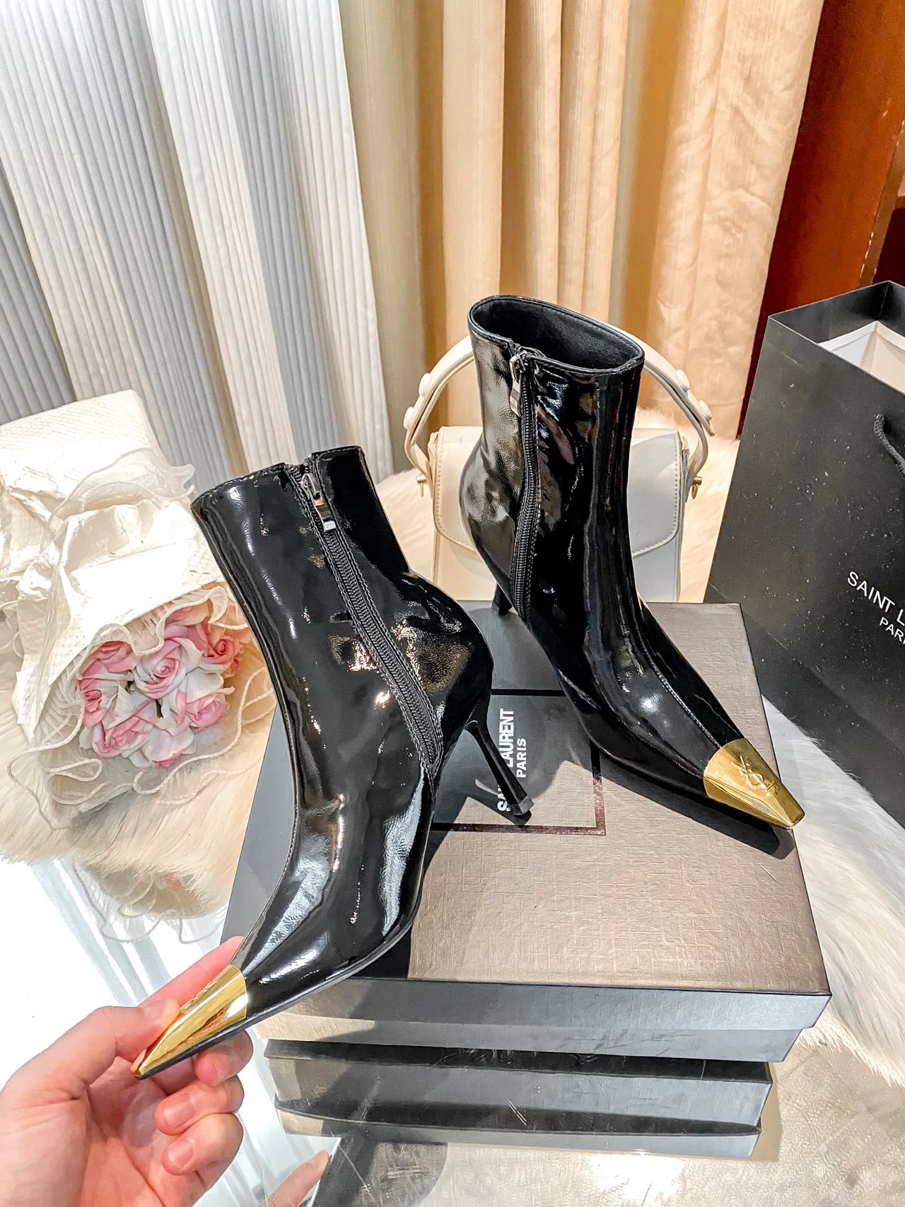 Saint Laurent Glossy Ankle Boots in Black · view 7