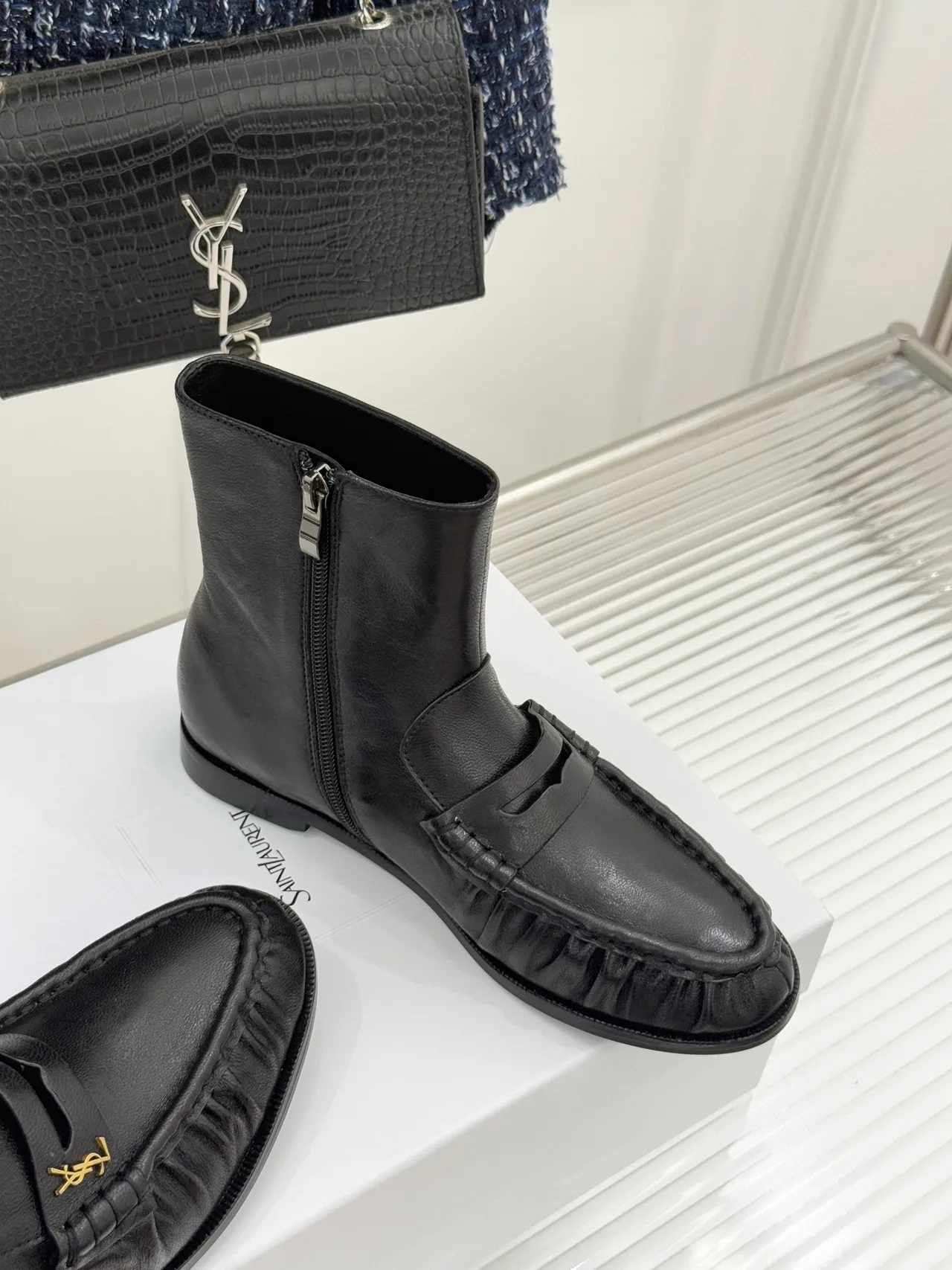 Saint Laurent Glossy Round-Toe Loafer Ankle Boots in Black · view 3