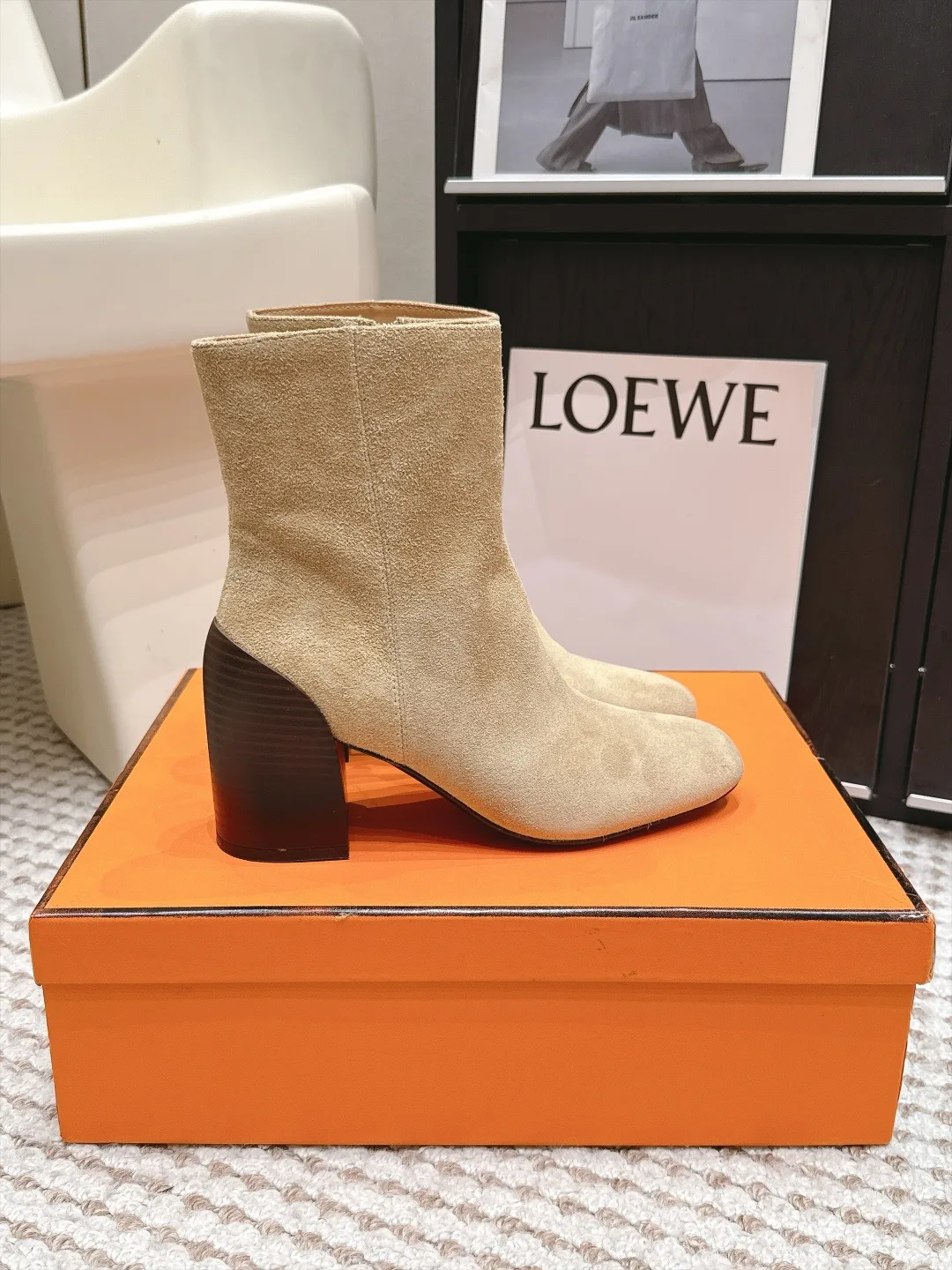 Loewe Suede-Look Square-Toe Ankle Boots in Beige · view 2