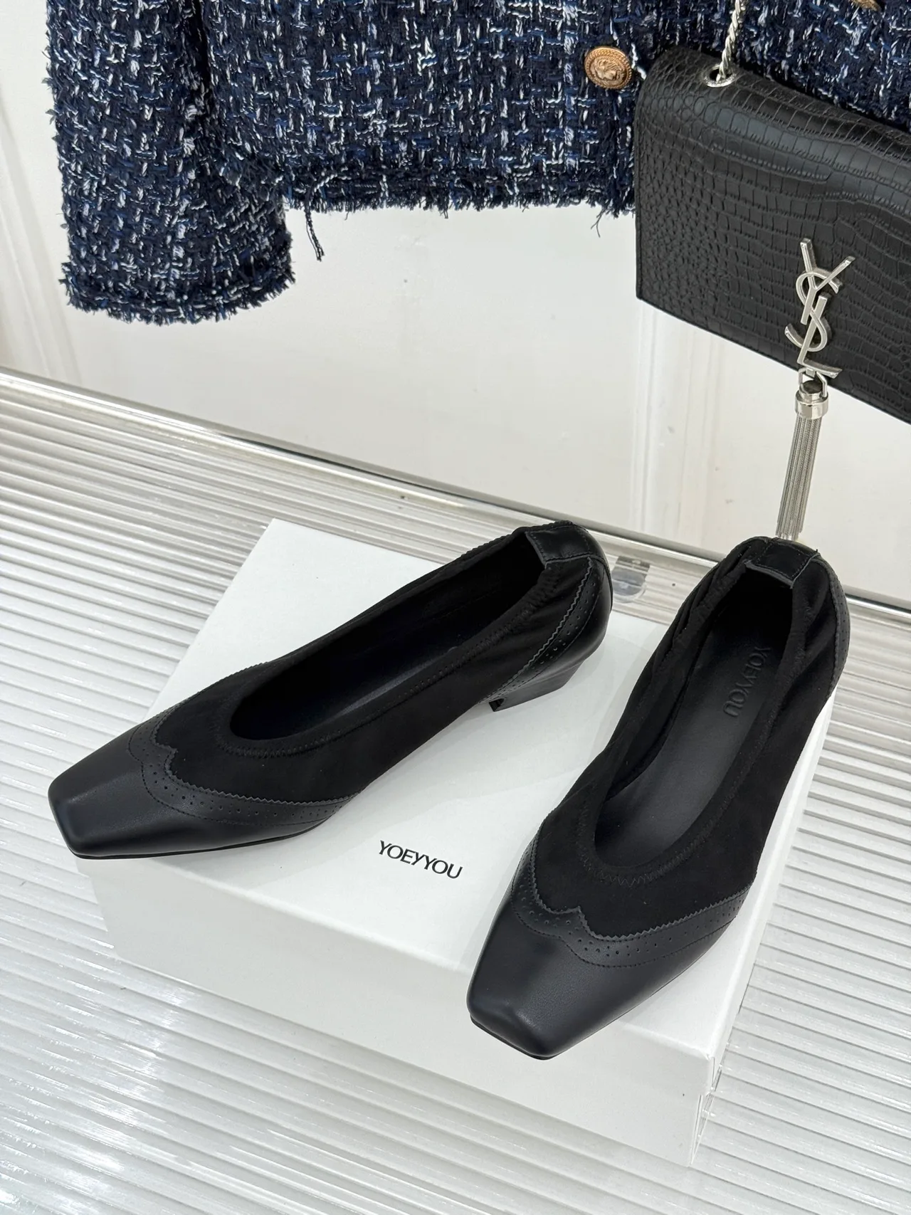 YOEYYOU Lambskin Denim Glossy Square-Toe Pumps in Black · view 3