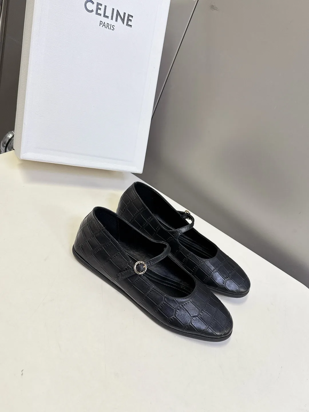 Celine Calfskin Glossy Square-Toe Buckle Shoes in Black · view 2