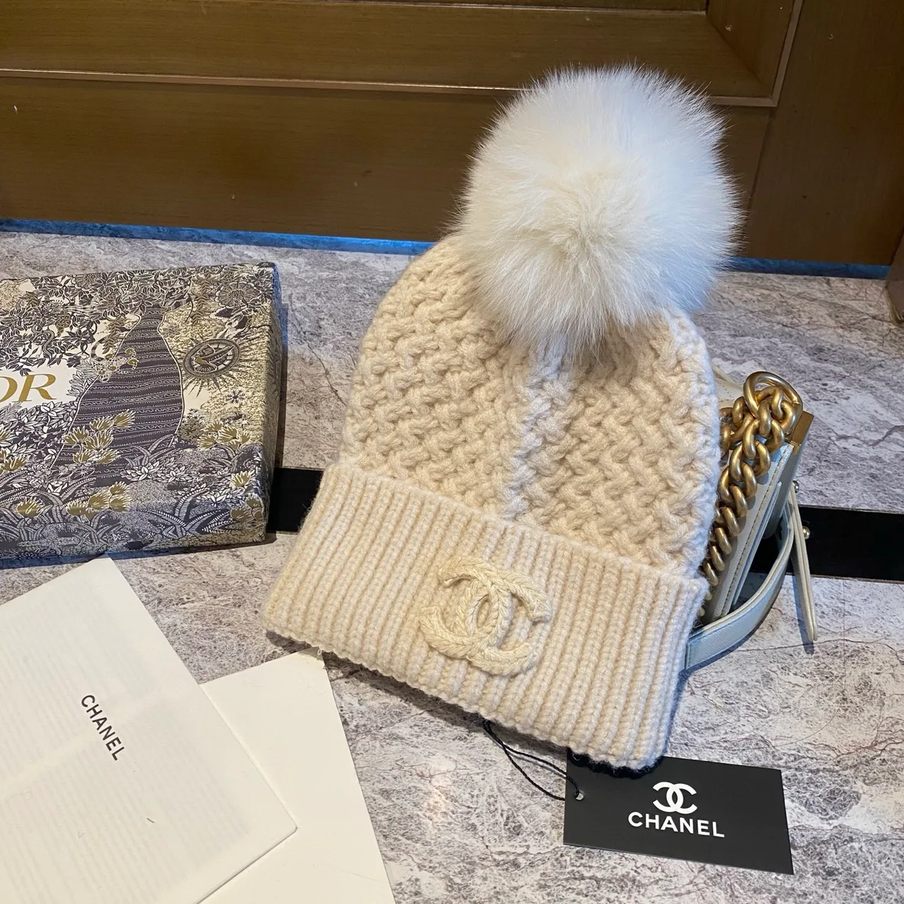 Chanel Pom Beanie in Black & White & Beige & Grey · view 8