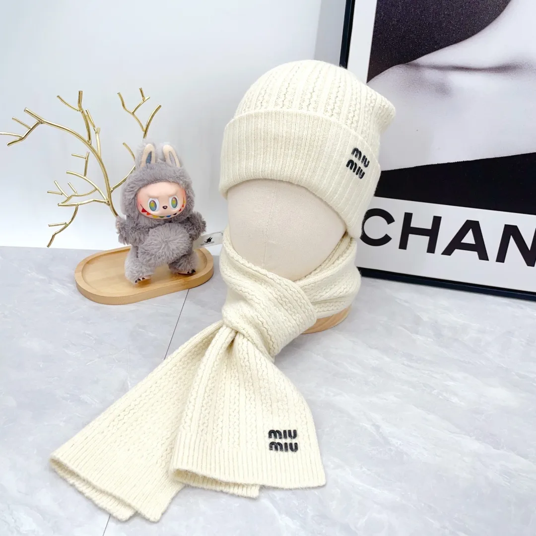 Miu Miu Wool Ribbed Embroidered Hat Scarf and Gloves Set in White · view 2