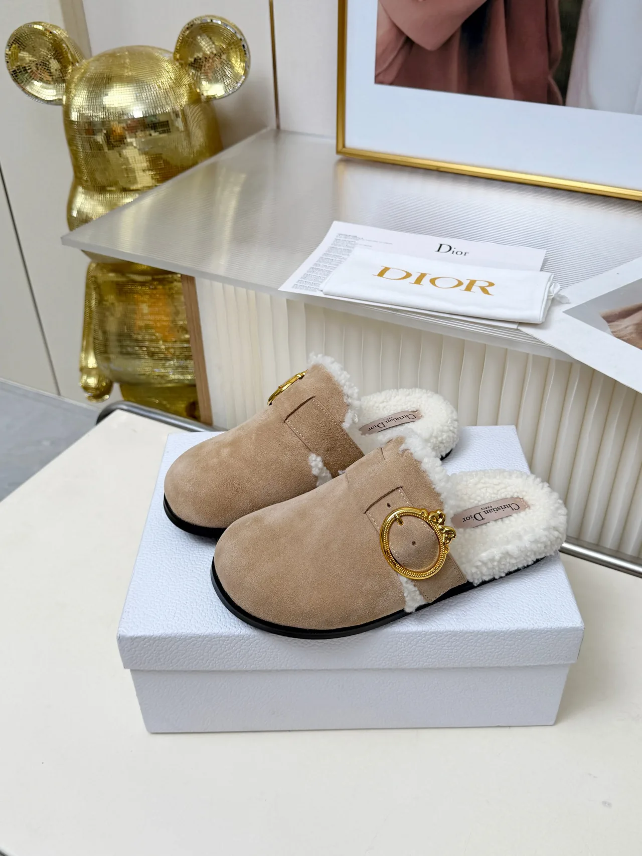 Dior Buckle-trim lined mules in Beige & Black & Tan · view 4