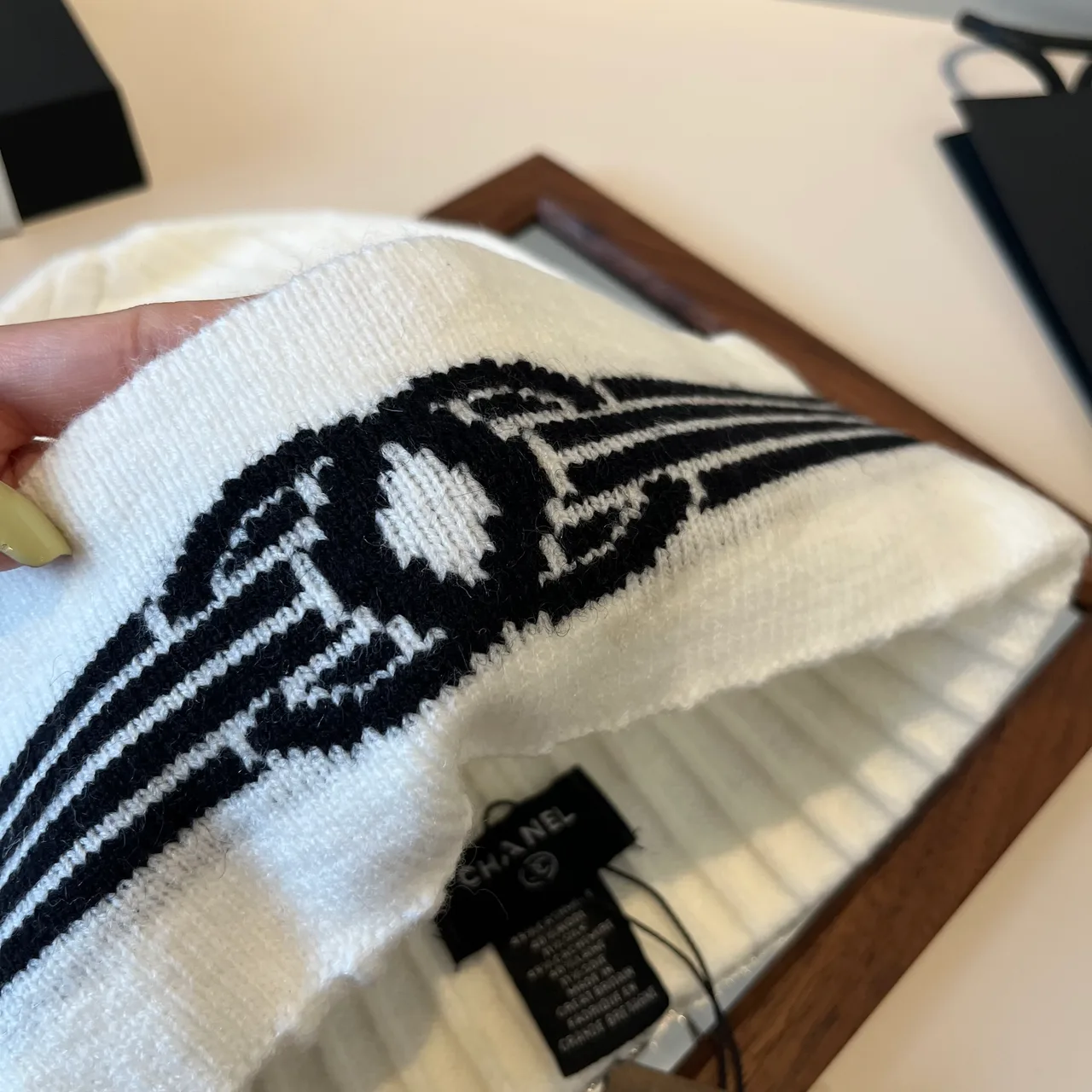 Chanel Ribbed Striped Beanie in White · view 3