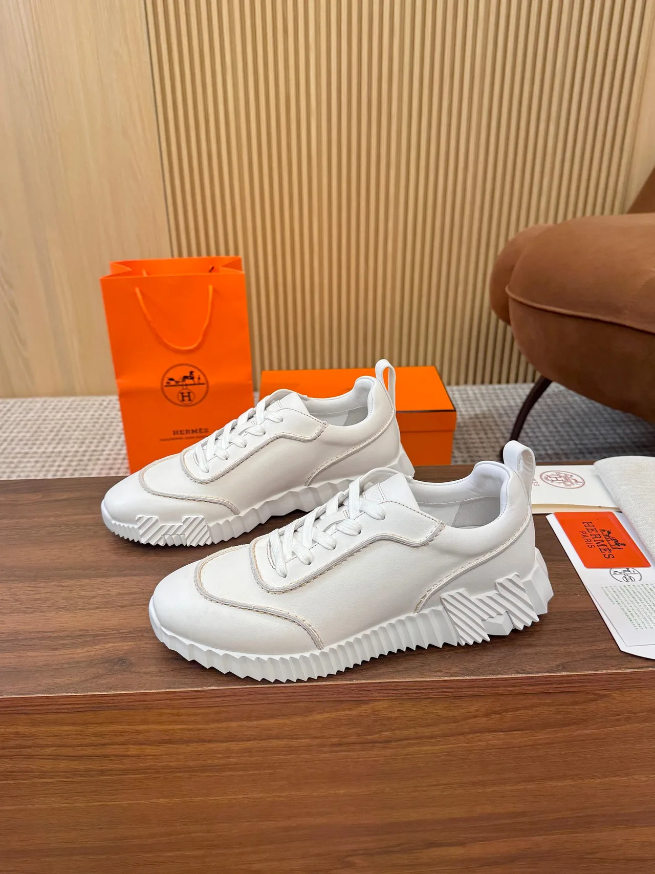 Hermes Smooth Lace-Up Sneakers in White · view 3