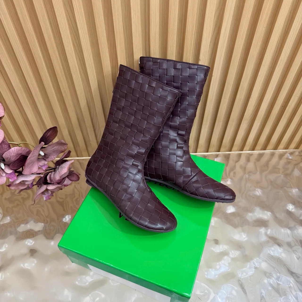 Bottega Veneta Smooth Woven Mid-Calf Boots in Brown · view 3